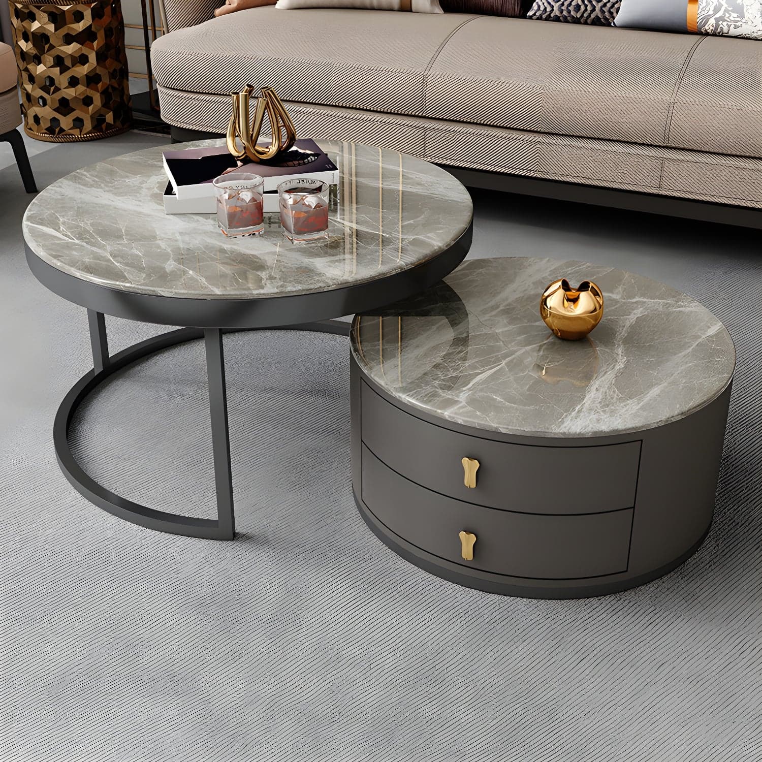 Modern Coffee Cocktail Table Round Nesting Coffee Table Set with Drawer thumbnail 2