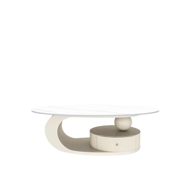 Oval White Stone Modern Coffee Table with Metal Abstract Base thumbnail 7