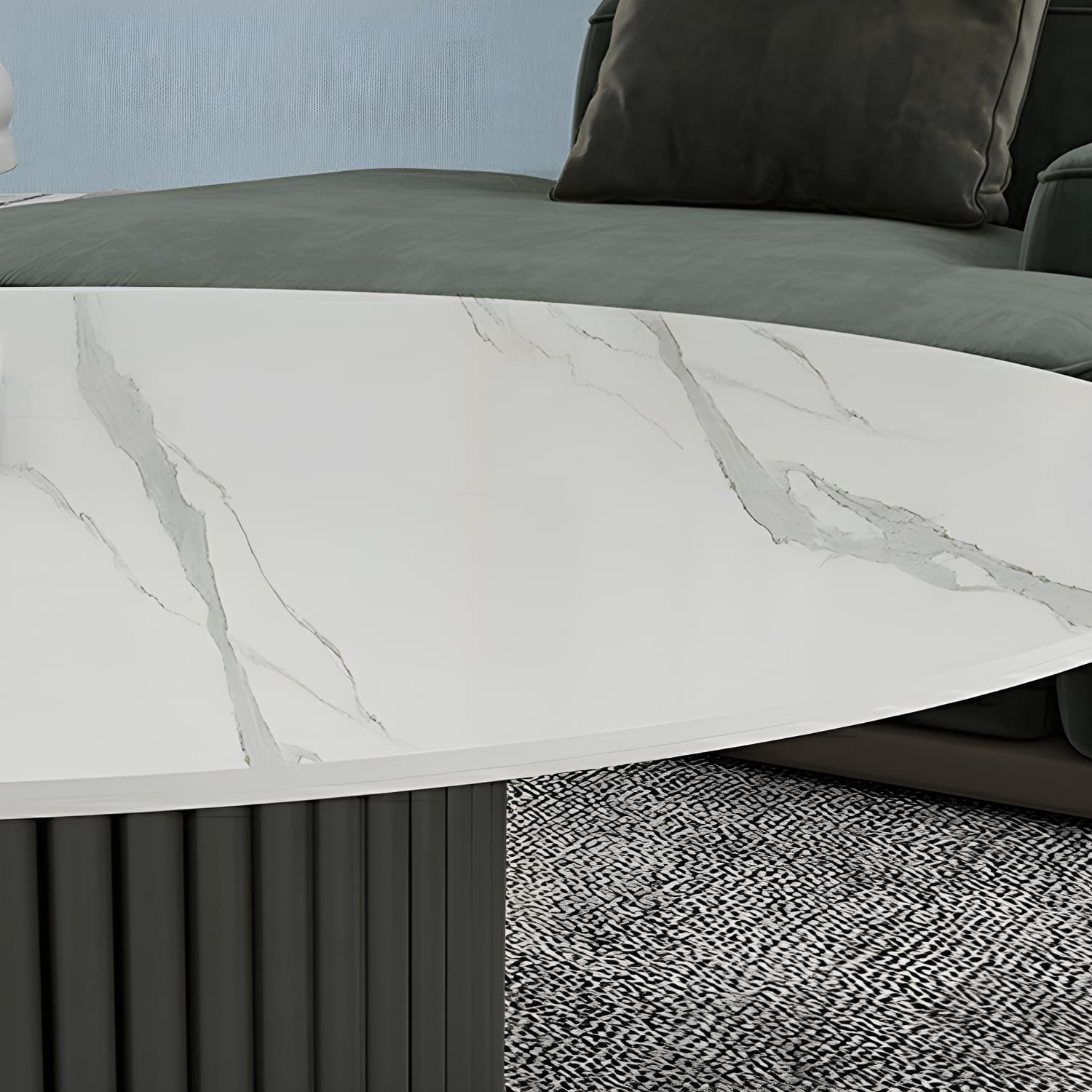 Set of Two Modern Round Black Coffee Tables with White Stone Tops and Iron Pedestal Bases thumbnail 6