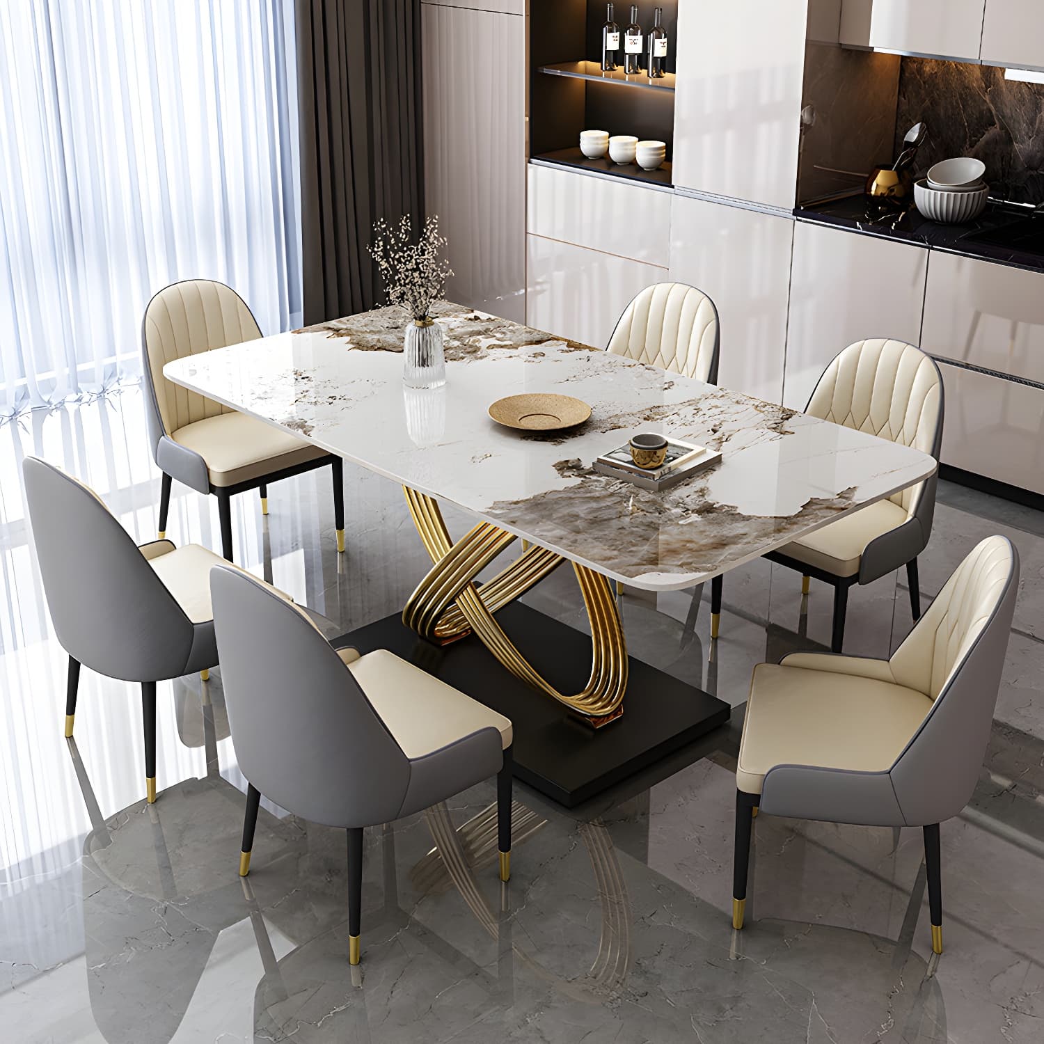 Nordic Glam Rectangle Sintered Stone Table Set 1/4/5/7 Pieces Dining Set thumbnail 2