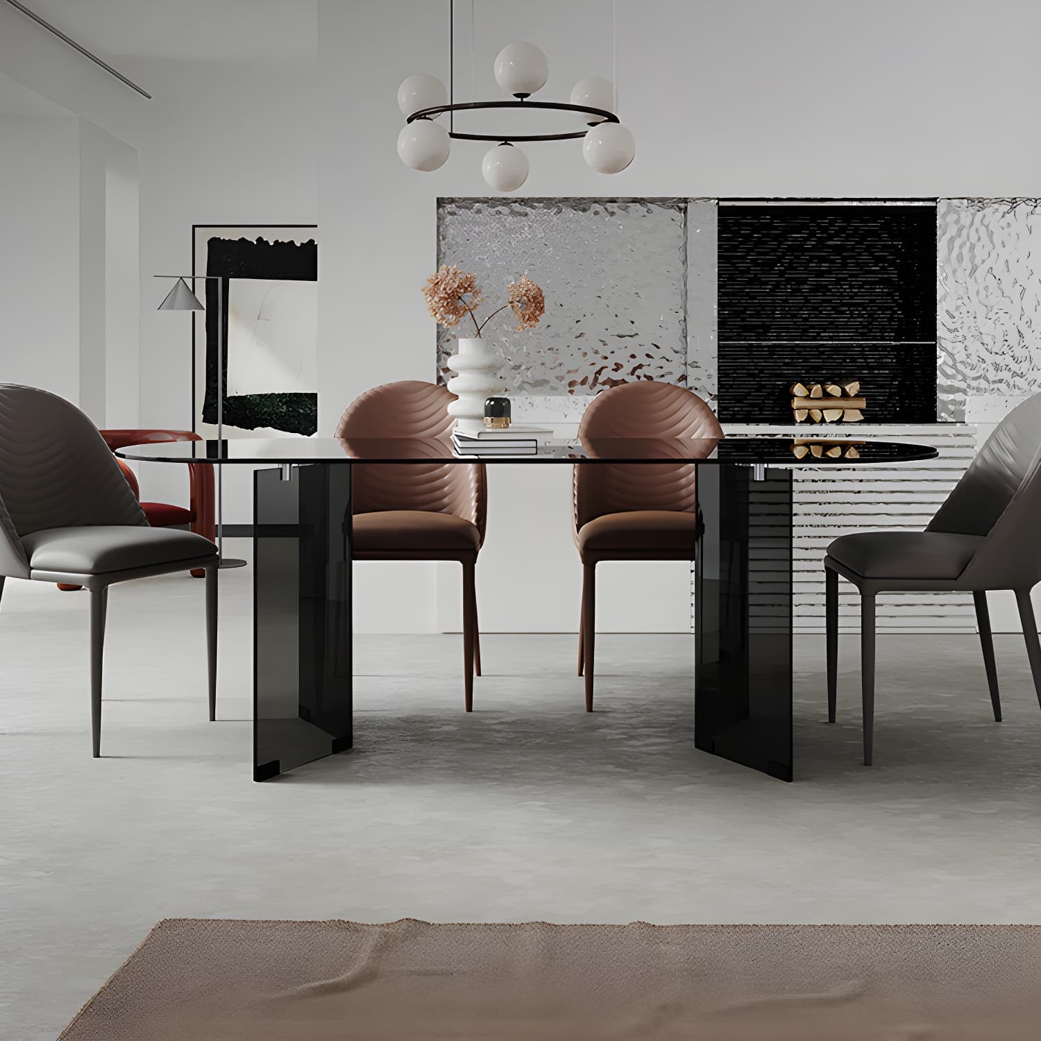 Glass Contemporary Oval Dining Table Clear Glass Top Table with Double Pedestal thumbnail 3