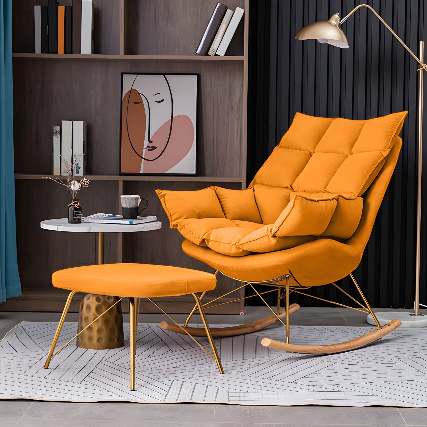 Rocking Accent Chair Upholstered Contemporary Living Room Spindle Tufted Cushions thumbnail 5