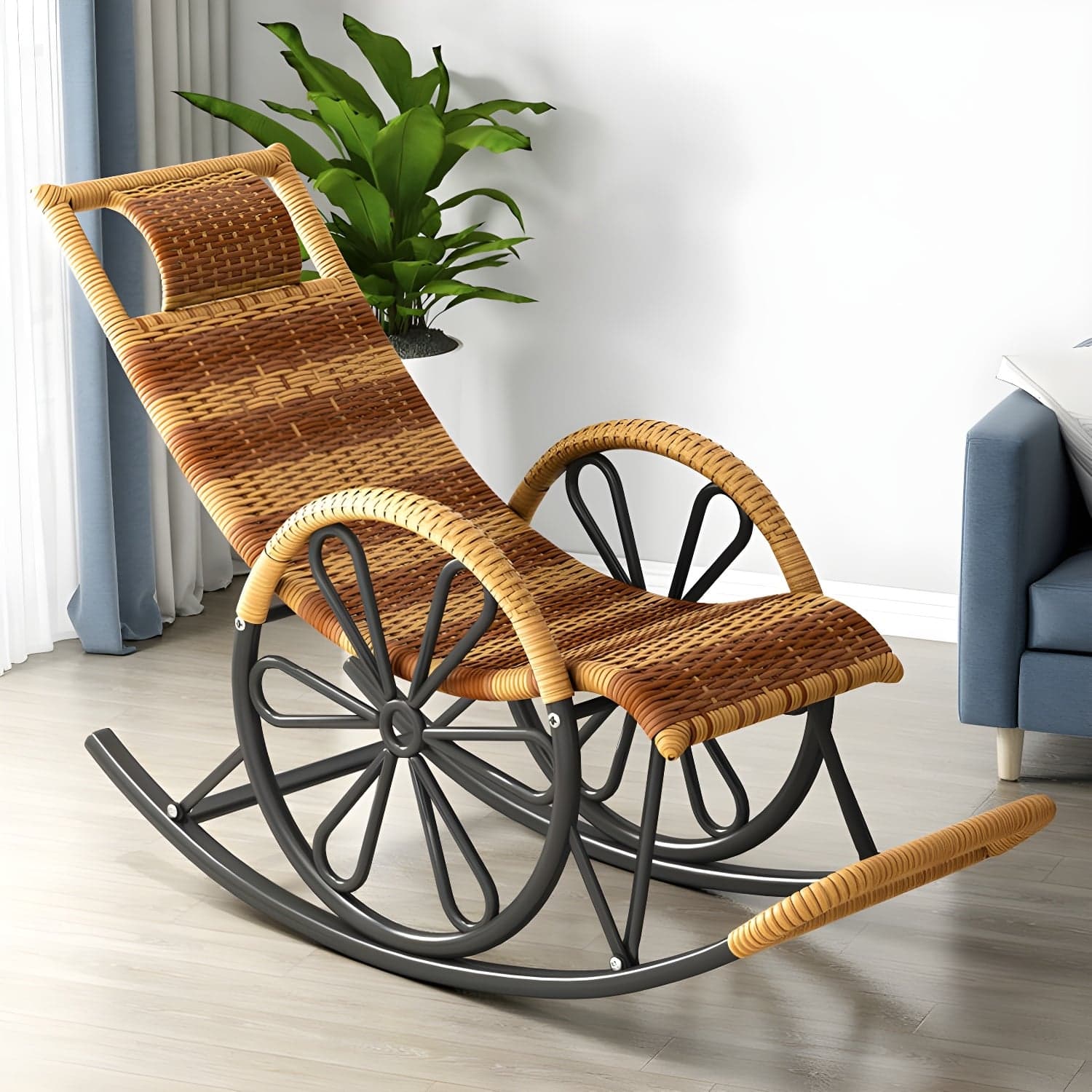 Rattan Modern Rocking Chair Woven Rope Rocker Chair in Black thumbnail 2