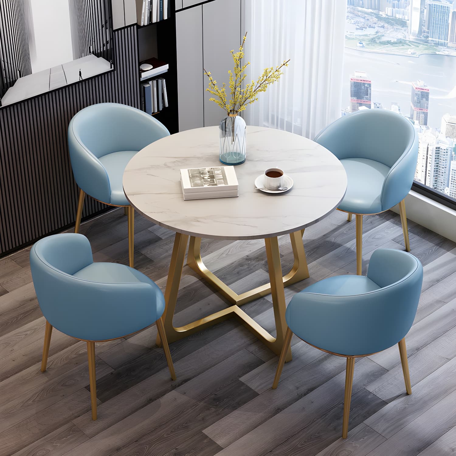 5-Piece Glam Dining Set Round White Table with Gold Metal Base and Upholstered Chairs thumbnail 2