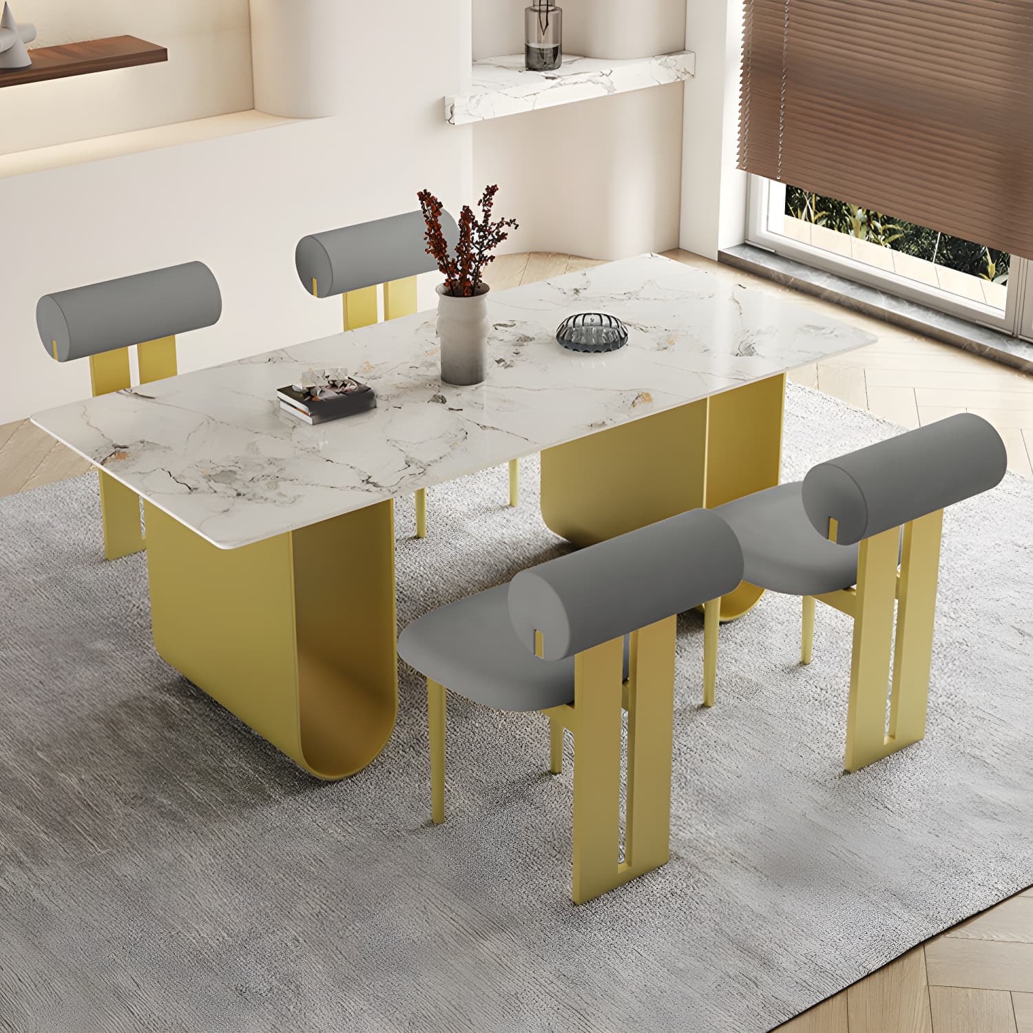 Nordic Rectangle Stone Dining Table 1/5 Pieces Dining Set for Dining Room thumbnail 2
