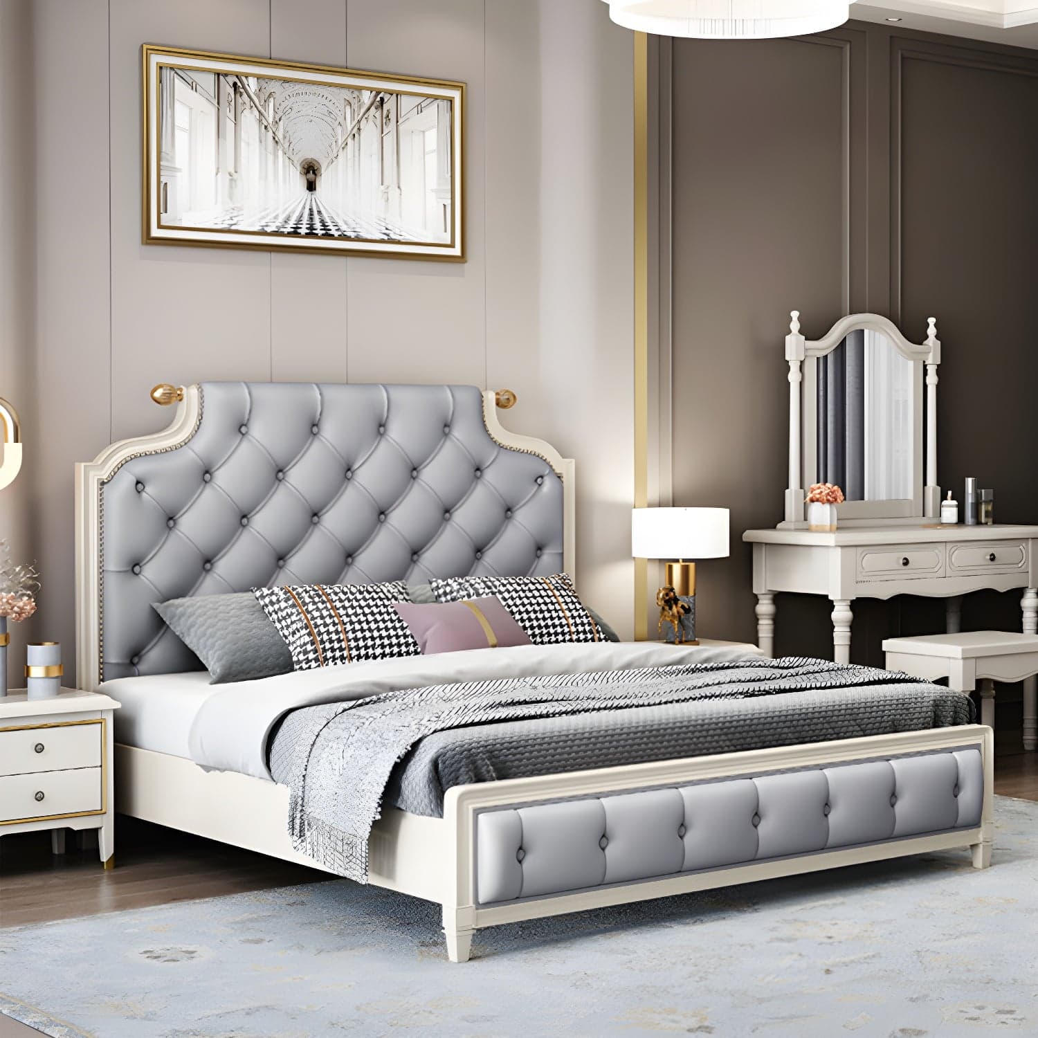 Tufted Upholstered Panel Bed with Nailhead Trim Victorian Solid Wood Bed Frame thumbnail 4