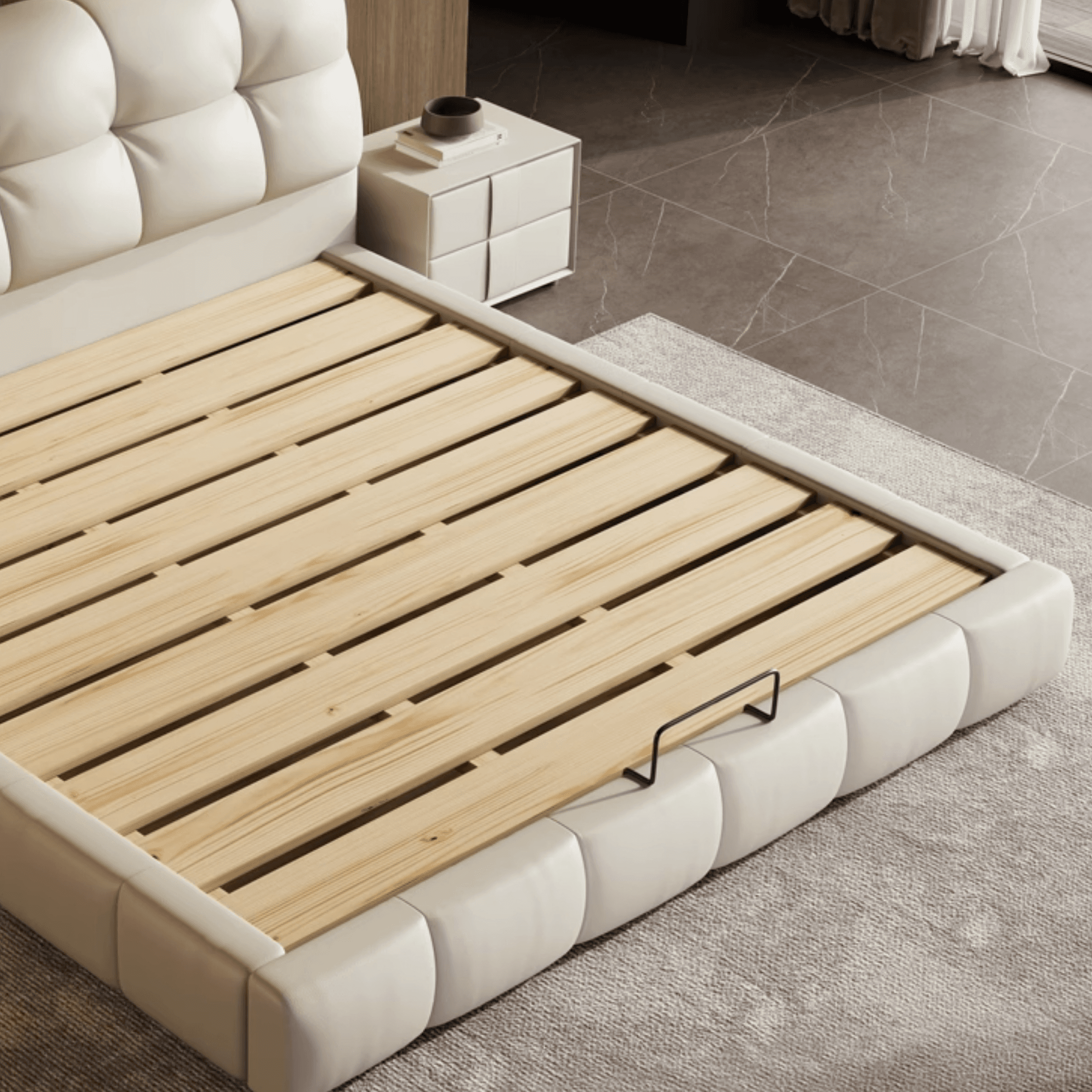 Beige Solid Color Storage Bed with 3 Storage Boxes, Pine Wood Frame, and Button-tufted Design for Living Room thumbnail 4