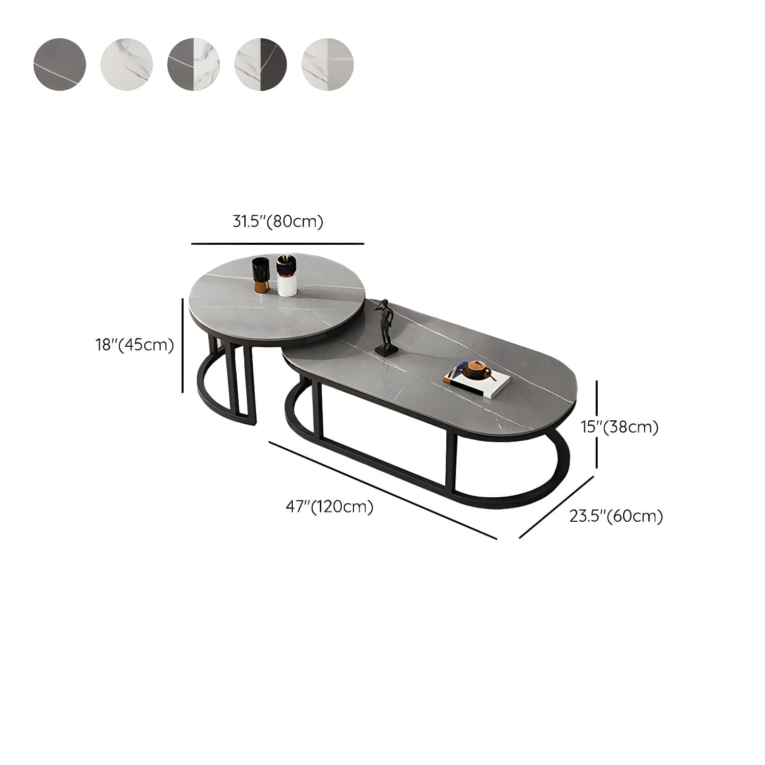 Slate Coffee Table Oval Nesting Coffee Table Set with Metal Legs thumbnail 18