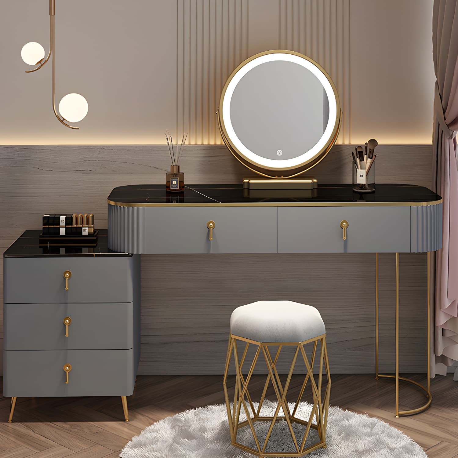 Contemporary Mirrored Wood Top Makeup Vanity Desk White/Gray Dressing Table thumbnail 14