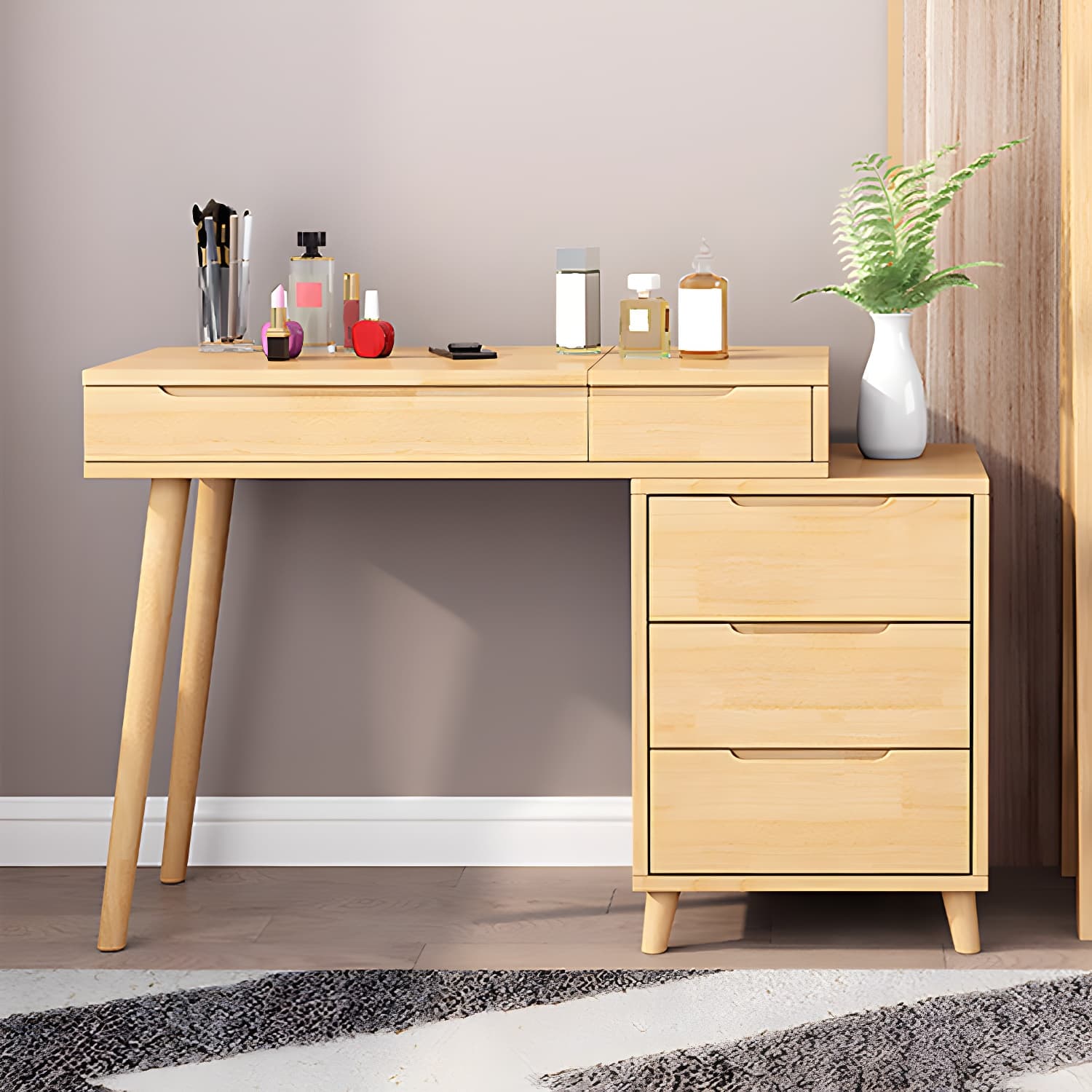 Solid Wood 1/4-Drawer Vanity Makeup Table with Mirror and Stool - 17.72" D thumbnail 5