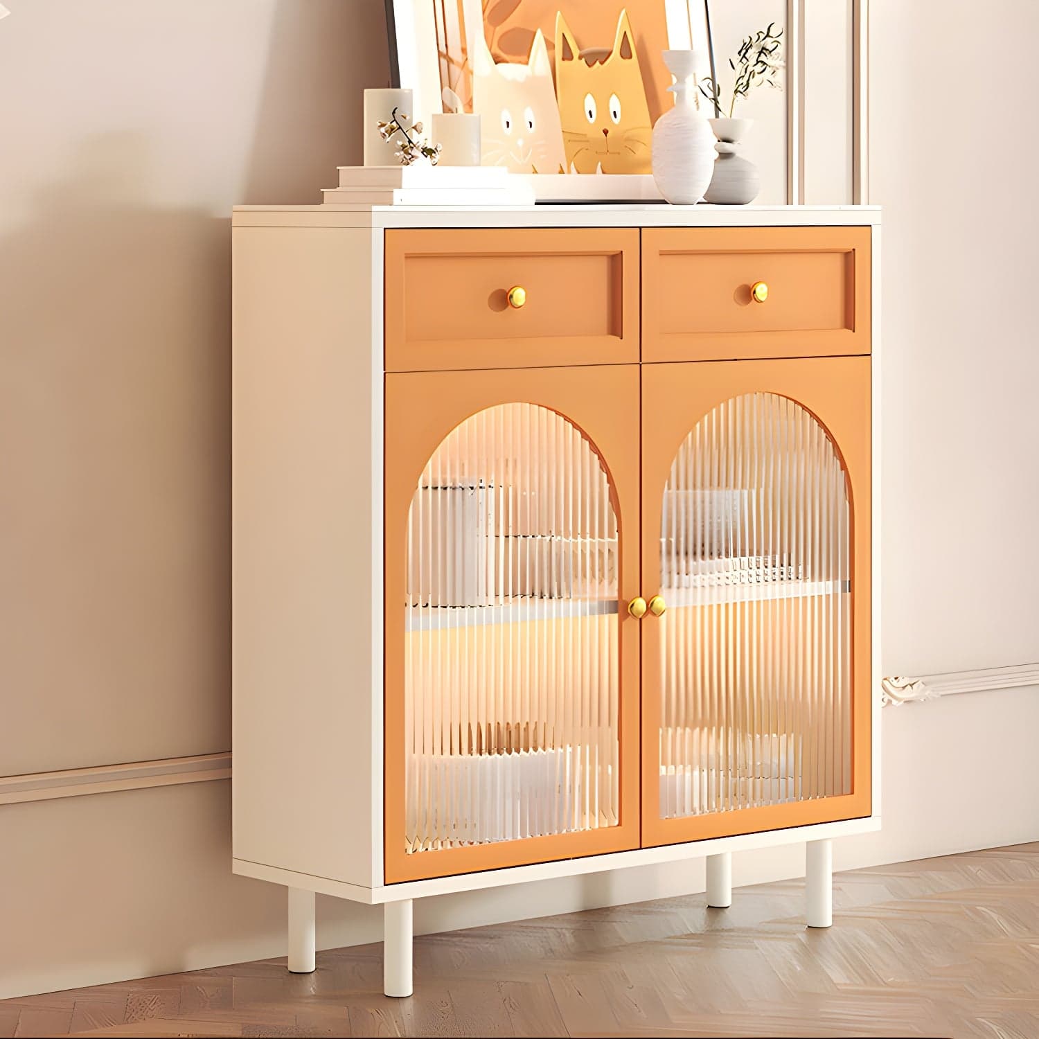 Scandinavian Wood Buffet Sideboard with Stone Countertop and Glass Doors thumbnail 2