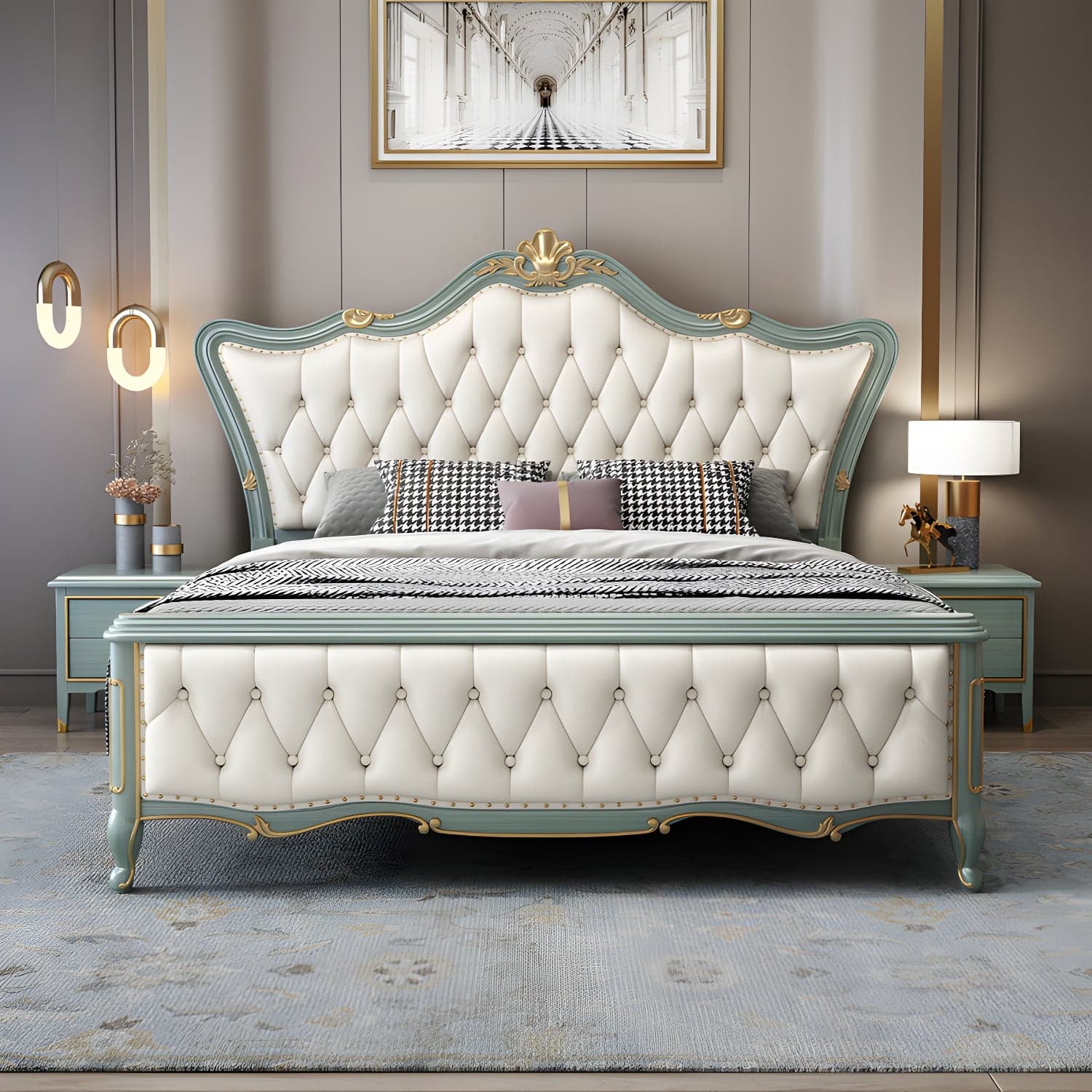 84.65 inch Wide Glam Bed Frame Rubberwood Solid Color Standard Bed with Headboard thumbnail 4