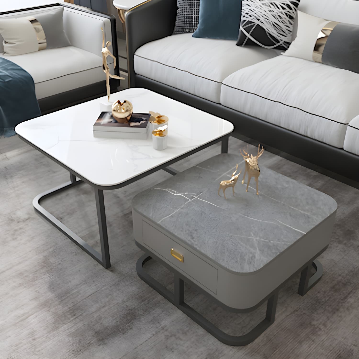 Round Slate/ Glass Coffee Table Frame 2 Nesting Cocktail Table with Storage thumbnail 14
