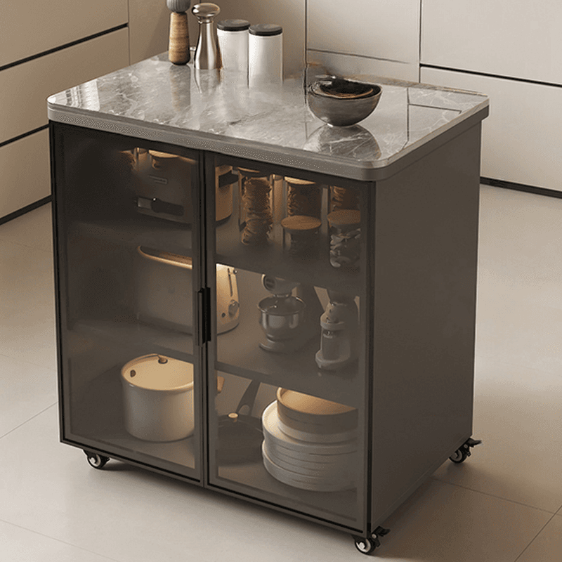 Trendy Sideboard on Caster Wheels with Narrow Stone Countertop, Glazed Door, Adjustable Shelving, and Lighting System thumbnail 1