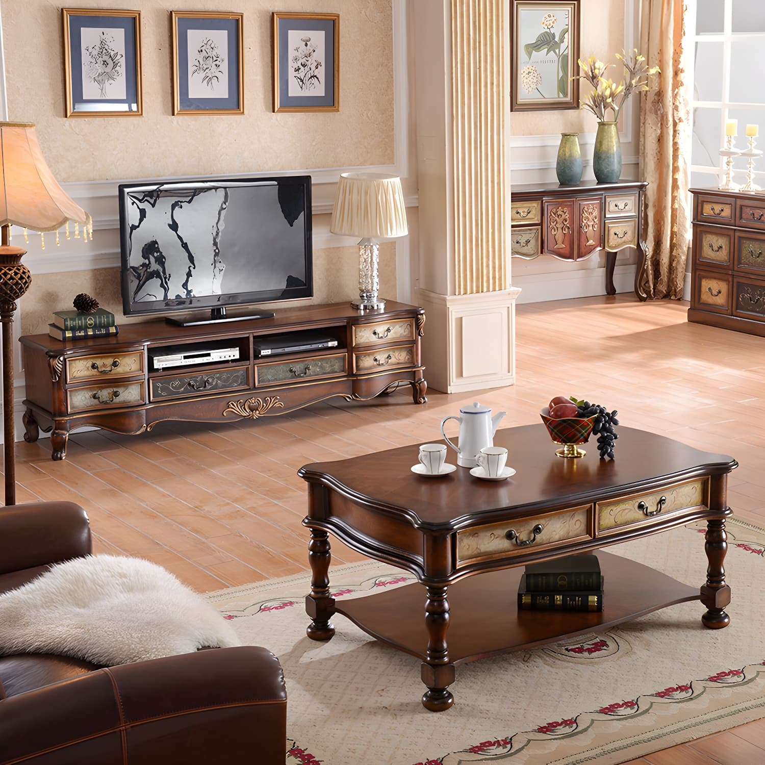 Vintage Birch Wood Media Console Matte Finish TV Media Stand with Drawers and Open Storage thumbnail 10
