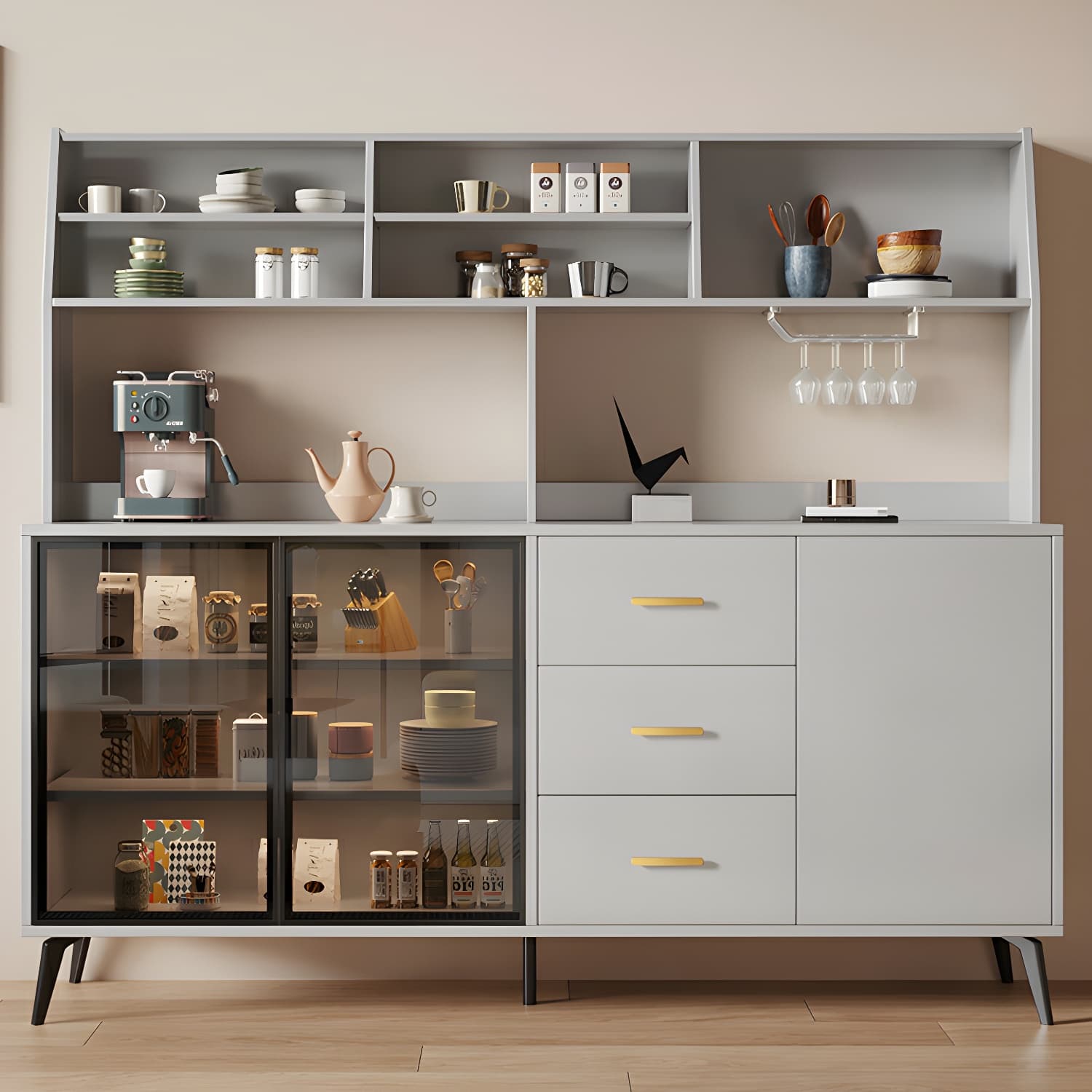 Glass Door Modern Wooden Kitchen Sideboard with Adjustable Shelving thumbnail 14