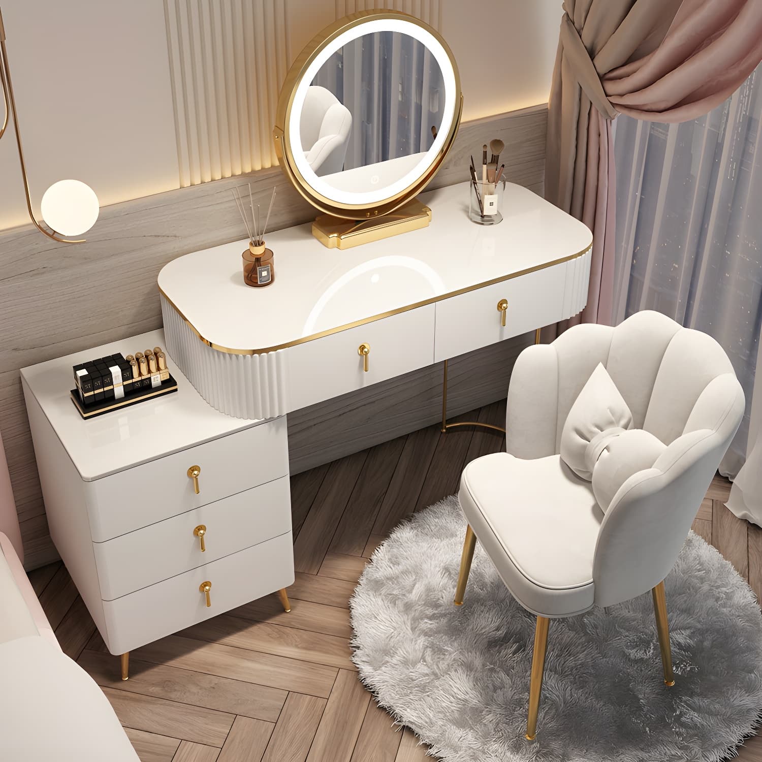 Contemporary Mirrored Wood Top Makeup Vanity Desk White/Gray Dressing Table thumbnail 4