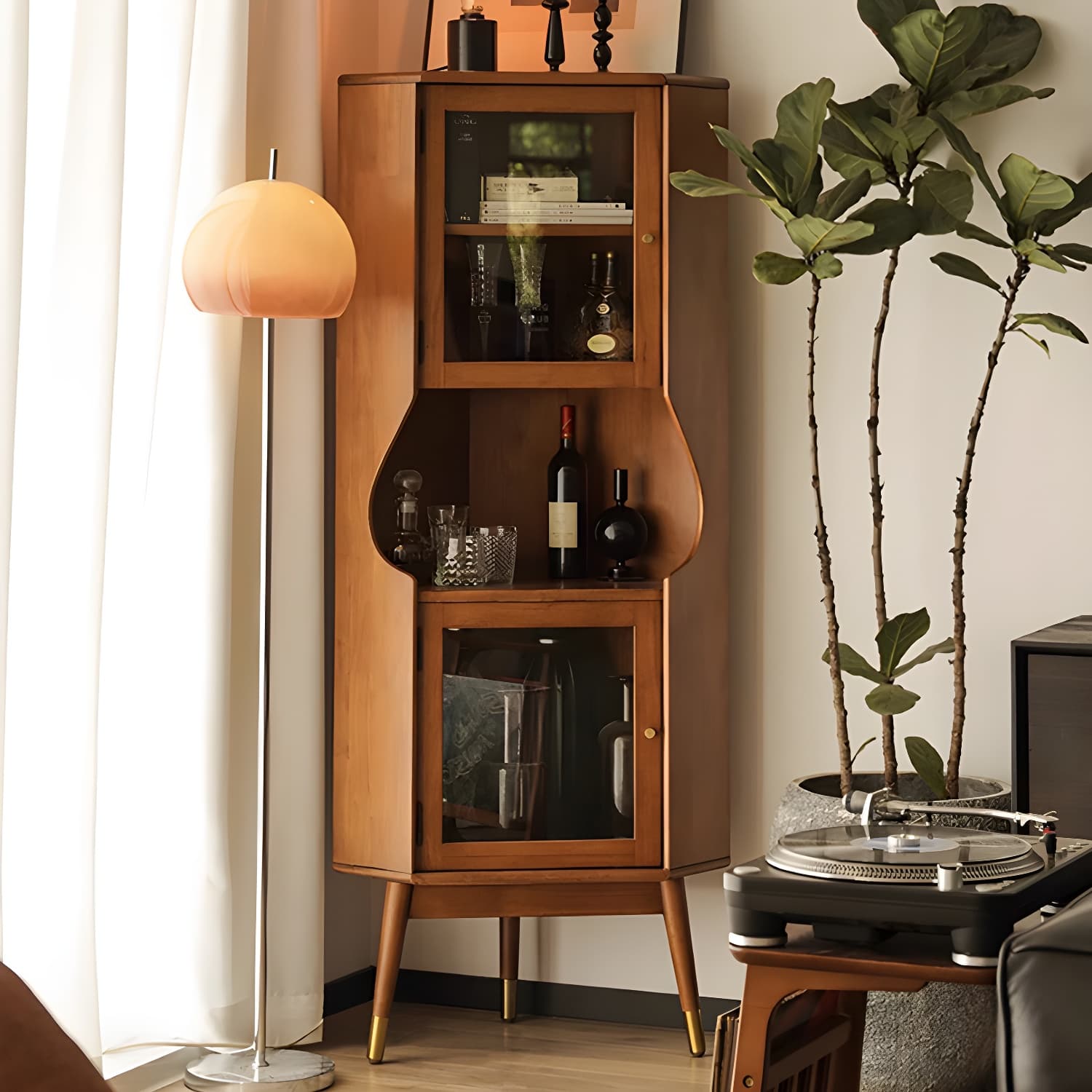 Corner Mid-Century Modern Accent Cabinet with Wood Countertop, Glass Doors, and 5 Shelves thumbnail 5