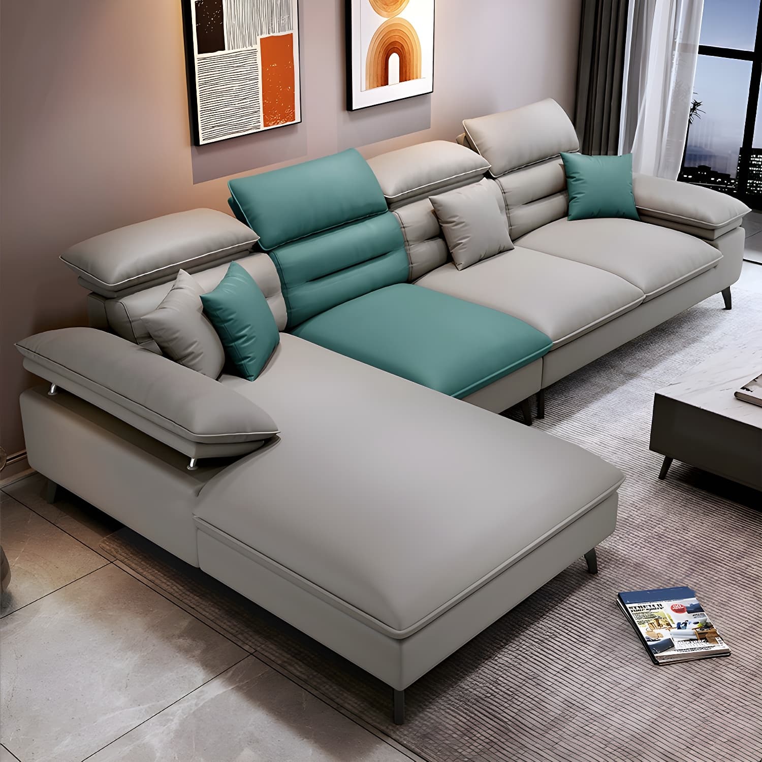 Modern L-Shape Sofa Chaise in Tech Cloth with Stationary Design and 3 Piece Set thumbnail 6