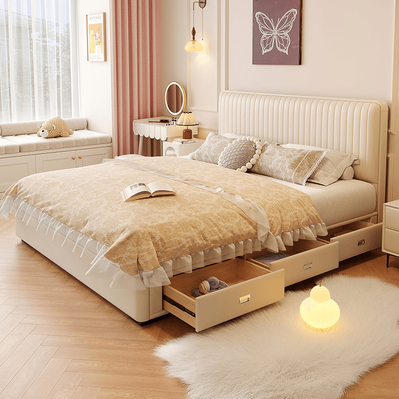 Ivory Solid Color Storage Bed with 3 Storage Boxes, Padded Frame, Sponge Upholstery, and Panel Headboard for Bedroom thumbnail 1