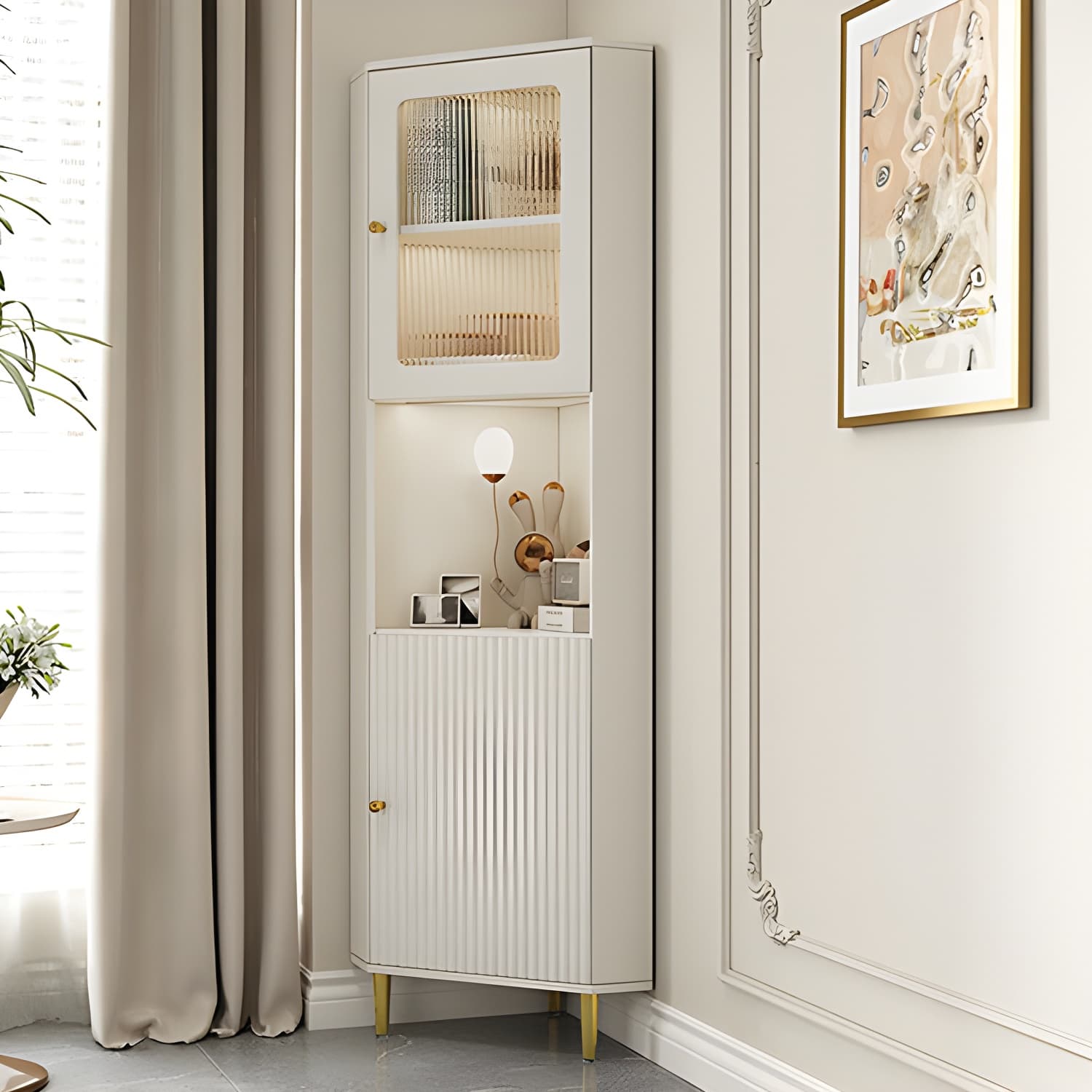White Corner Modern Accent Cabinet with Stone Countertop, Glass Doors, and Cabinet Included thumbnail 13