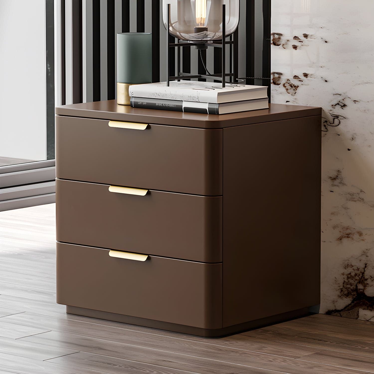 Contemporary Accent Table Nightstand Leather Nightstand with 3 Drawers thumbnail 4