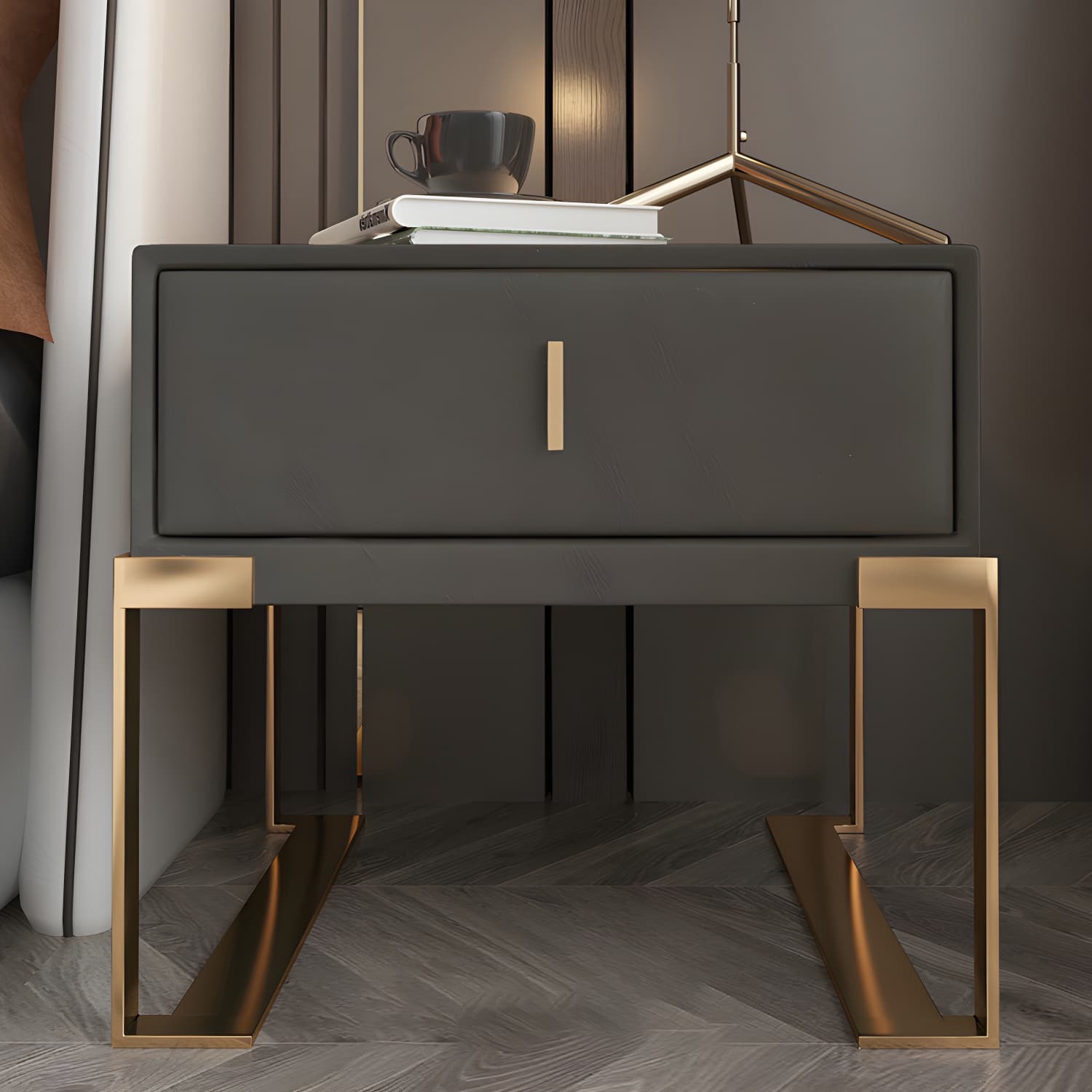 Faux Leather Nightstand 1-Drawer 21 Inch Tall Modern Legs Included Night Table thumbnail 25