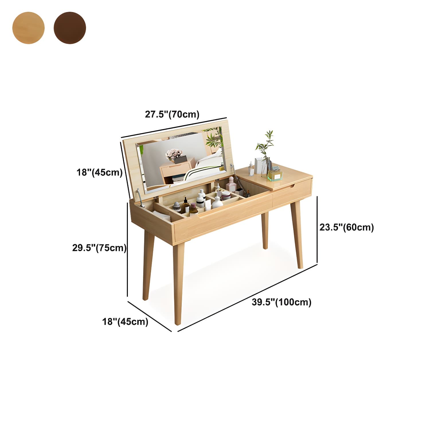 Solid Wood 1/4-Drawer Vanity Makeup Table with Mirror and Stool - 17.72" D thumbnail 22