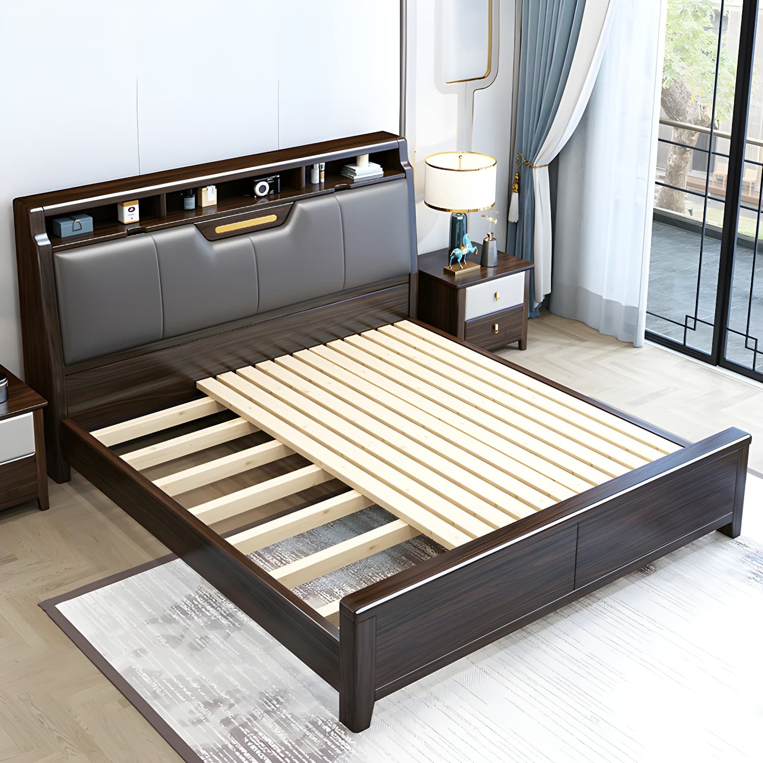 Brown Upholstery Wood Bed with Headboard – Modern Style, Full Assembly Needed thumbnail 10