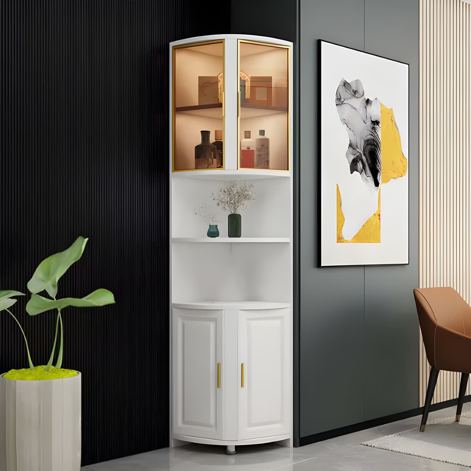 Modern White Corner Accent Cabinet with Glass Doors and 2 Interior Shelves thumbnail 3