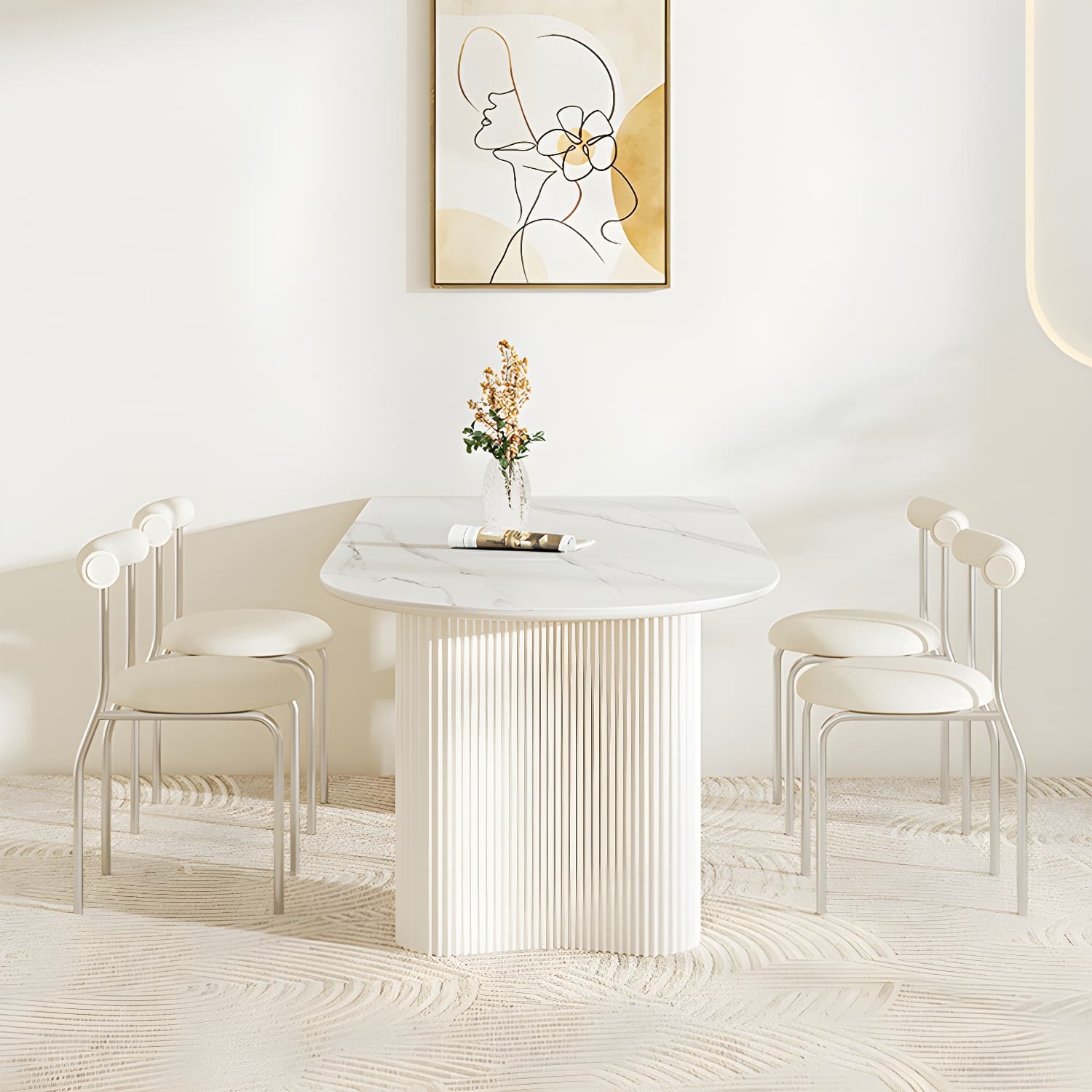 White Modern Stone Top Kitchen Dining Table with Metal Base for Home thumbnail 4