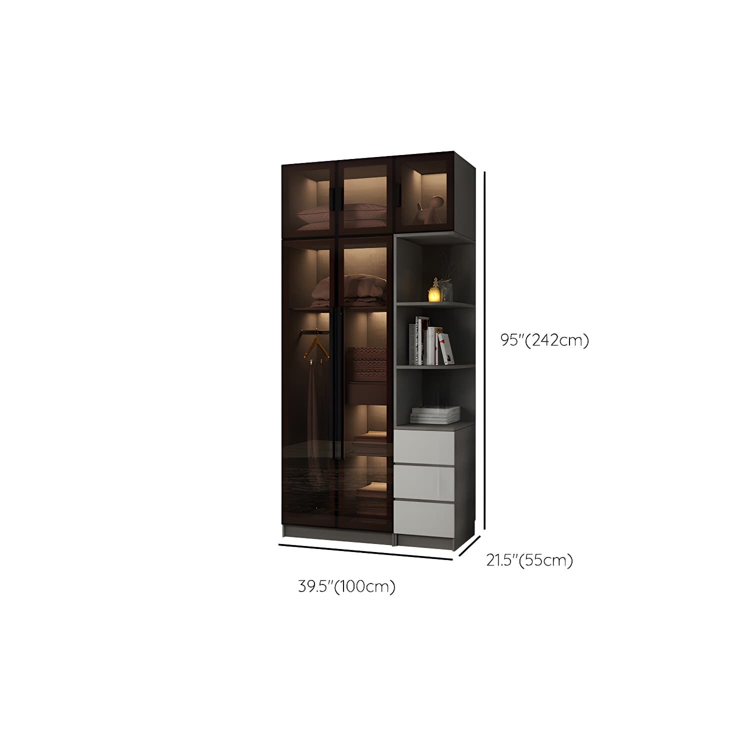 Modern Glass Hinged Doors Wardrobe Armoire Wood Frame Wardrobe with Shelves without Light thumbnail 29
