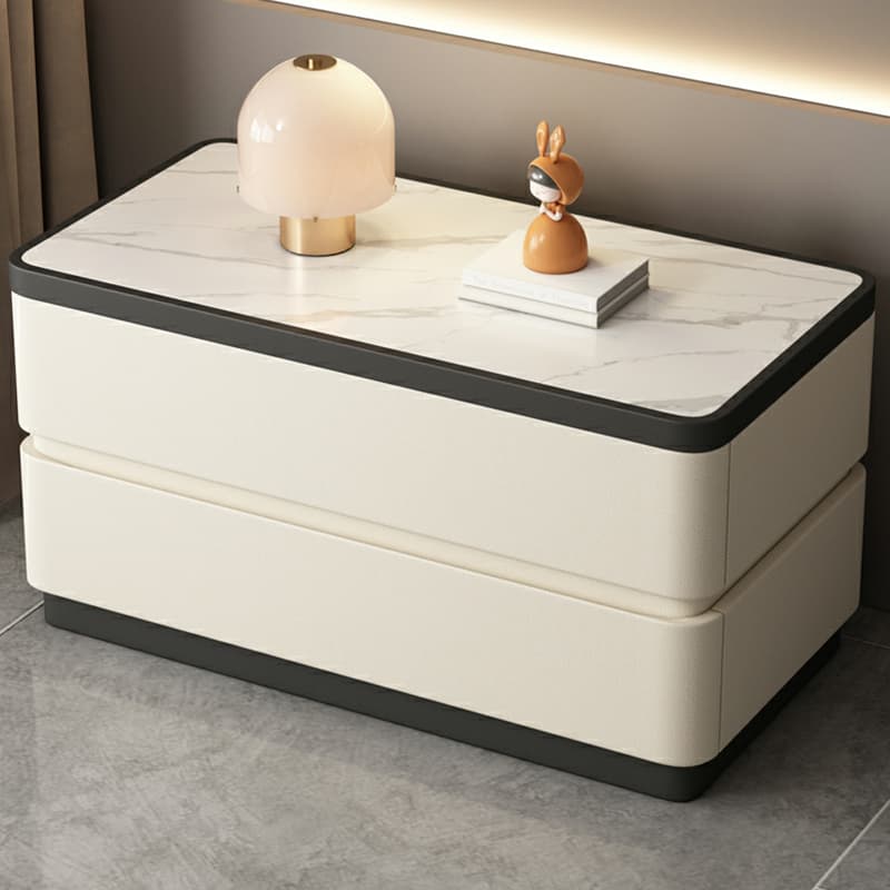 Modern Faux Leather Nightstand with 2 Drawers and Stone Countertop for Bedroom thumbnail 11