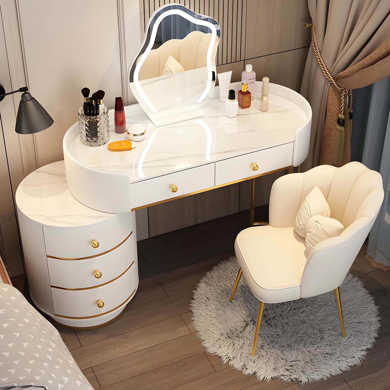 Lighted Mirror Makeup Counter Bedroom Makeup Vanity Desk Table with Drawer thumbnail 6