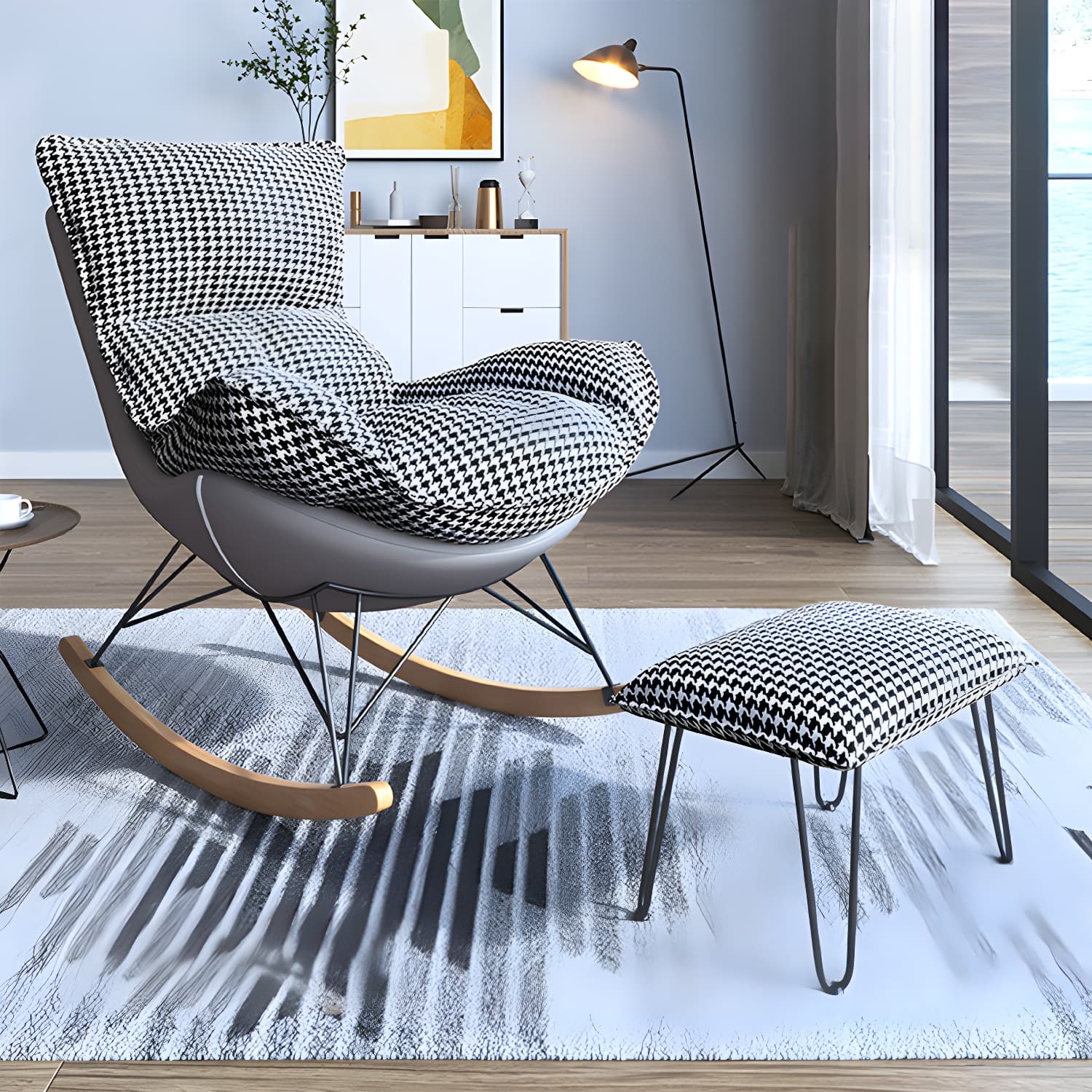 Contemporary Rocker Chair Antique Finish Rocking Chair with Ottoman thumbnail 8