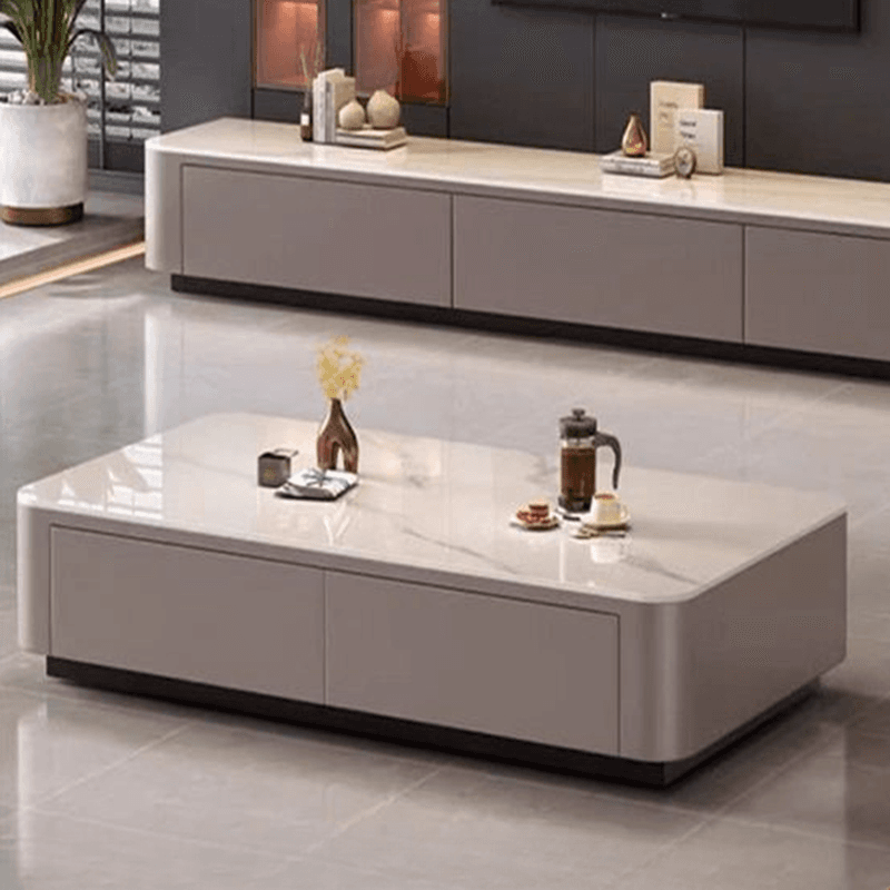 Contemporary Design Single Set Geometric Figure Rock Top Board Game Coffee Table with Block Base in Gray/Chalk and 2 Drawers thumbnail 6