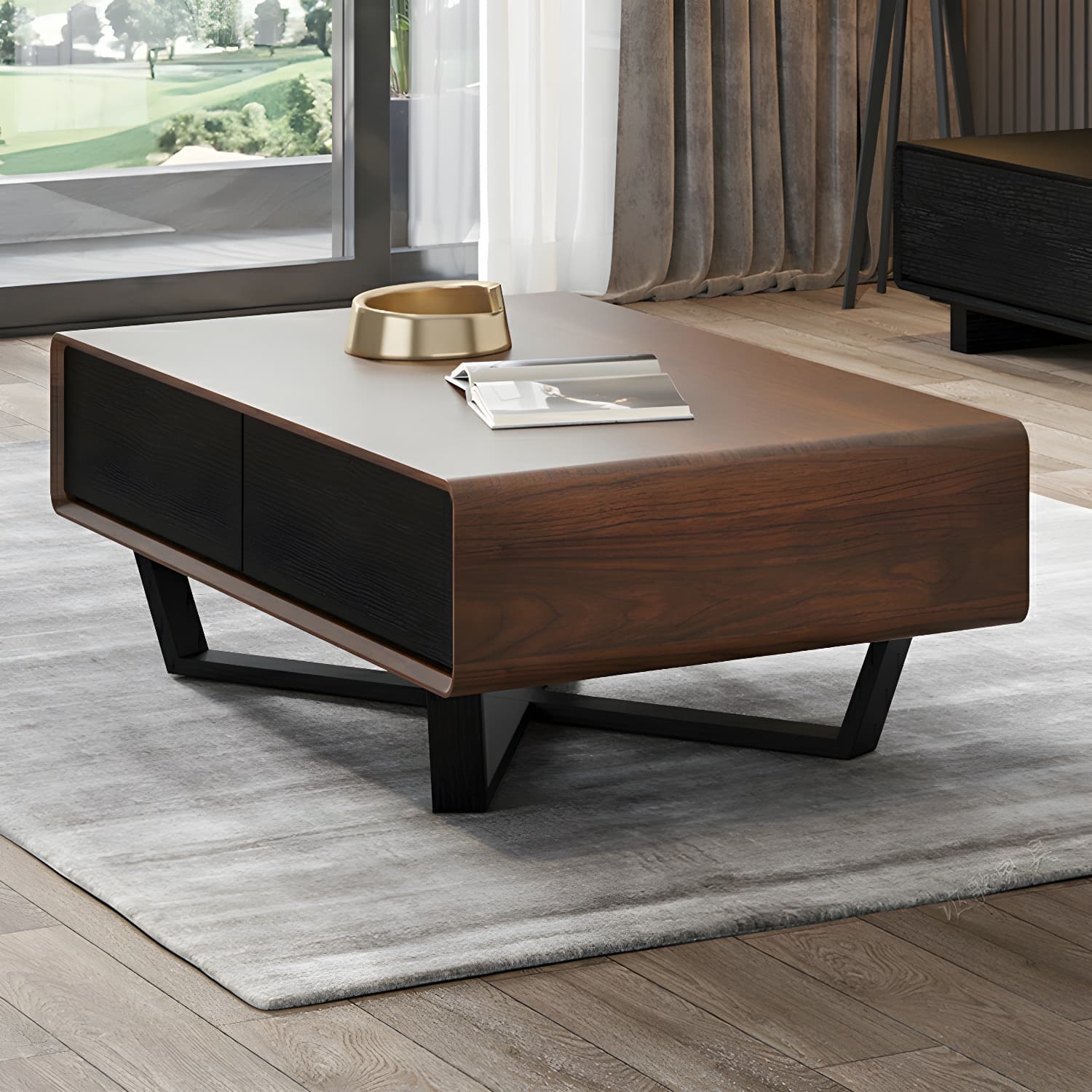 Rectangular Wood Modern Coffee Table with Black Metal Cross Legs and Storage Drawers thumbnail 8
