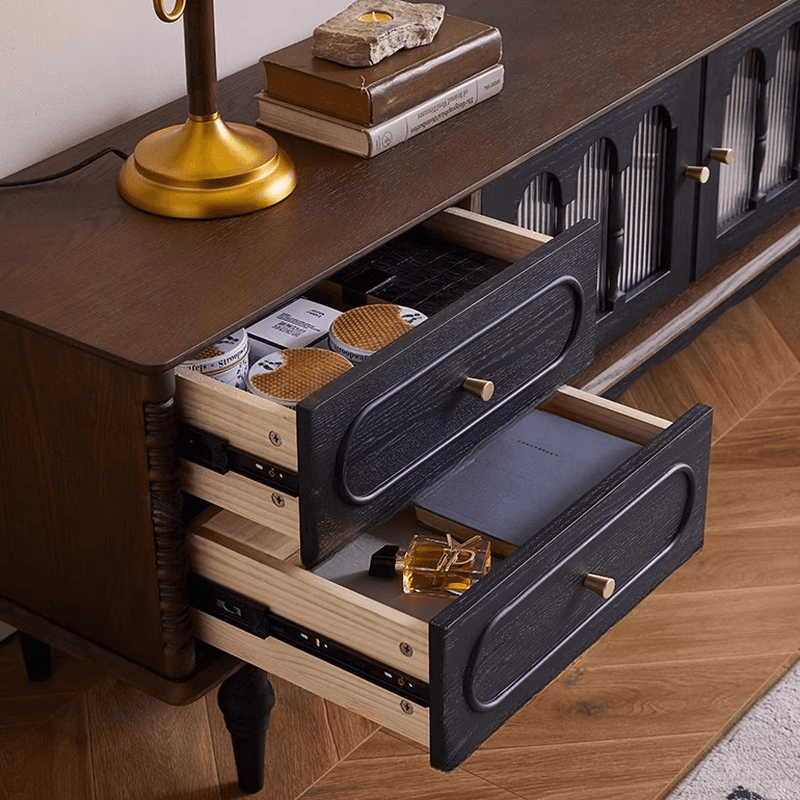 Pecan Art Deco Natural Wood TV Stand with 4 Drawers, Locker, Cable Management, and Adjustable Shelving thumbnail 6