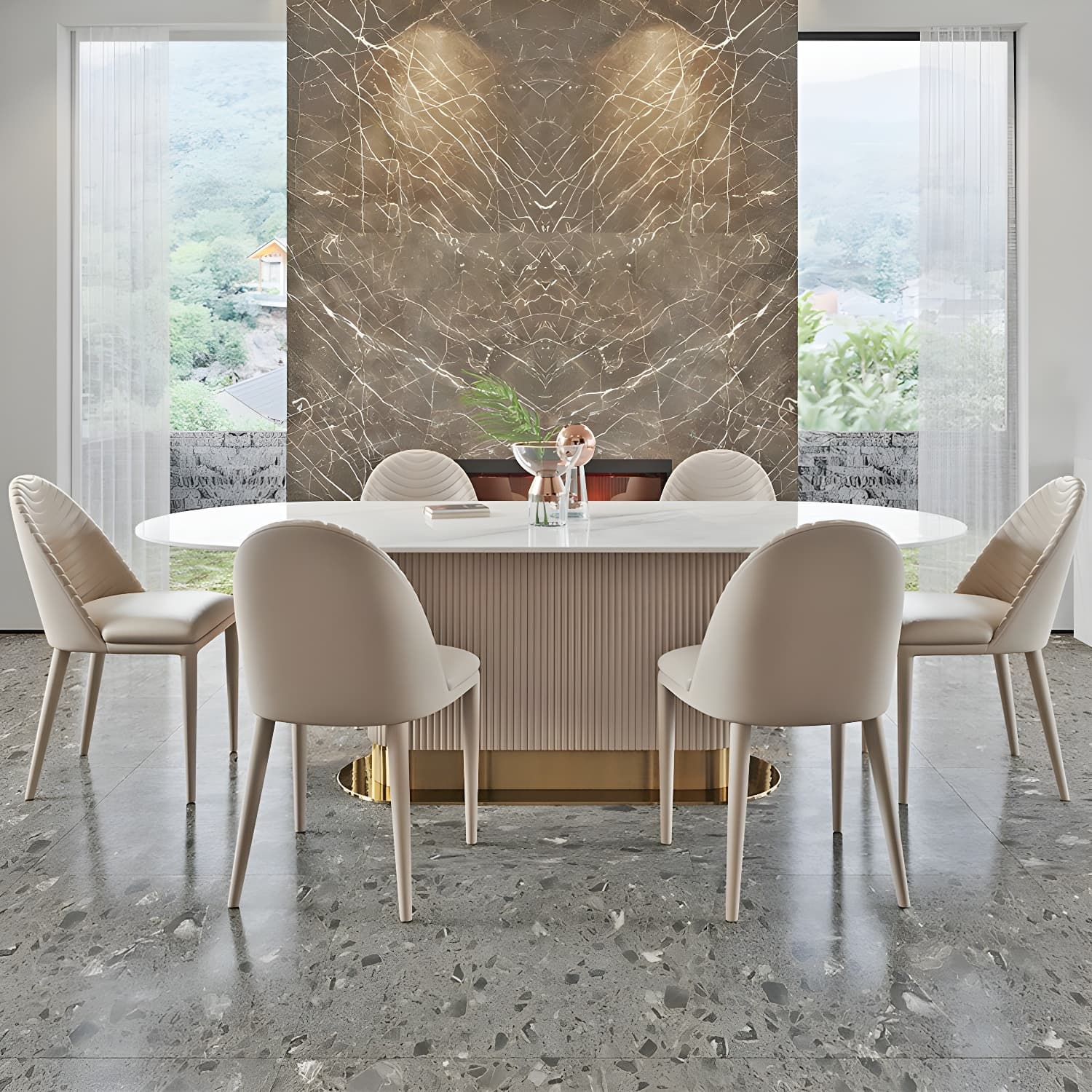 Oval Shape Fixed Kitchen Table Sintered Stone Pedestal Dining Table thumbnail 4