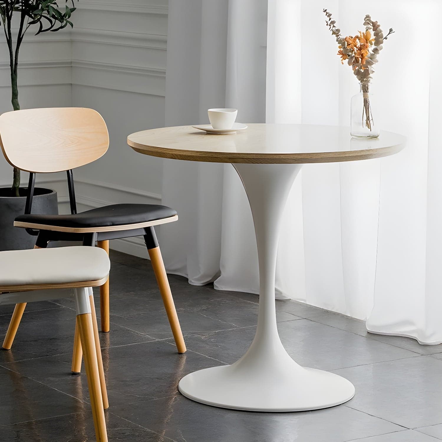 Scandinavian Standard Height Round Wood-Top Dining Table, Metal Tulip Base, Simple Assembly thumbnail 5