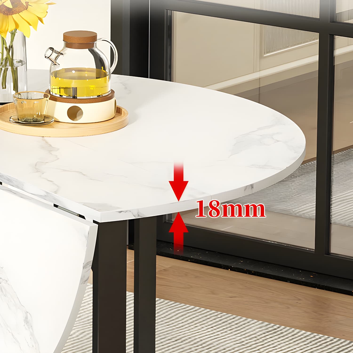 Modern Round Wood Dining Set with Collapsible Table and Leaf Extension - Metal Trestle Base in Black thumbnail 9