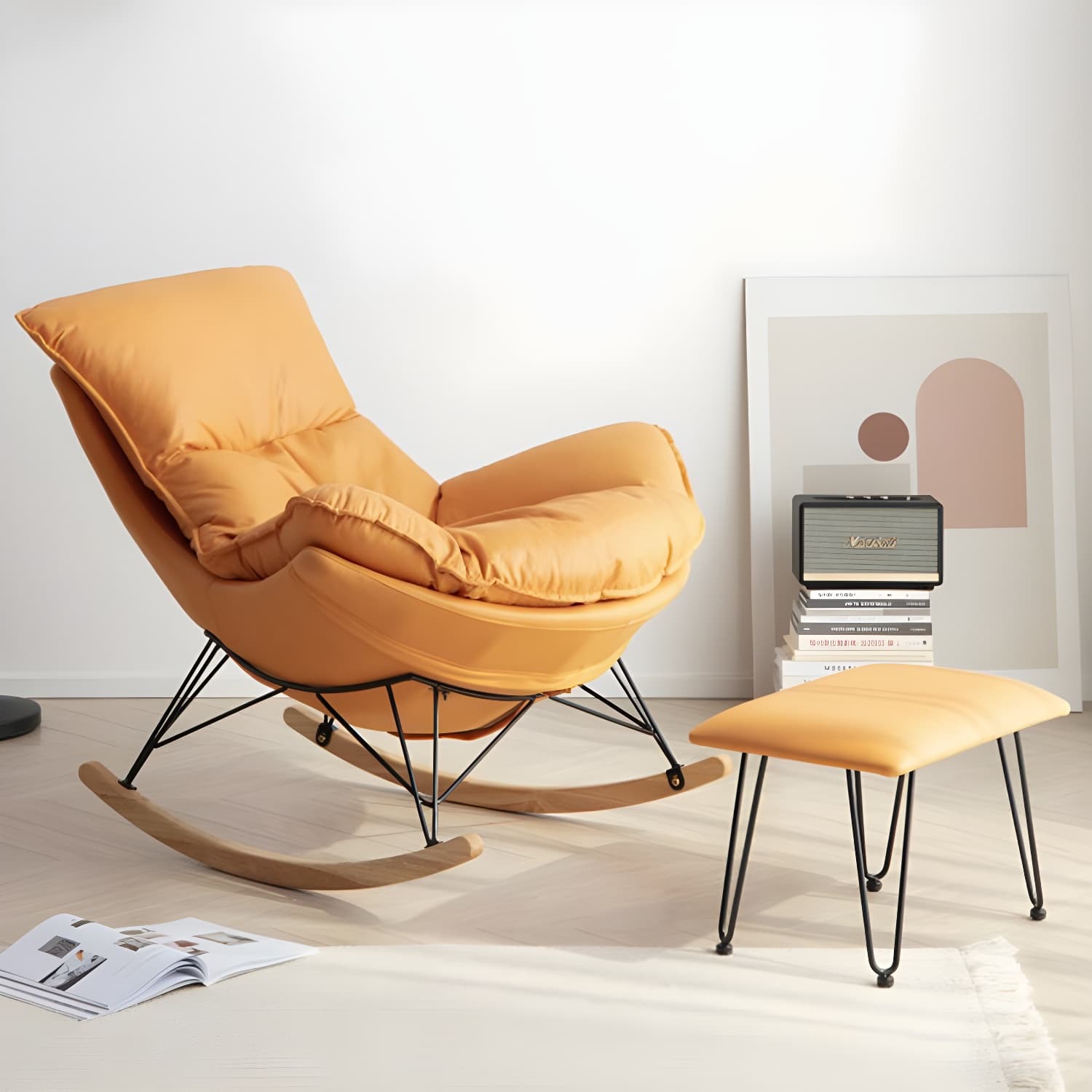 Modern Upholstered Rocking Chair with Ottoman Set - Natural Wood Legs thumbnail 14