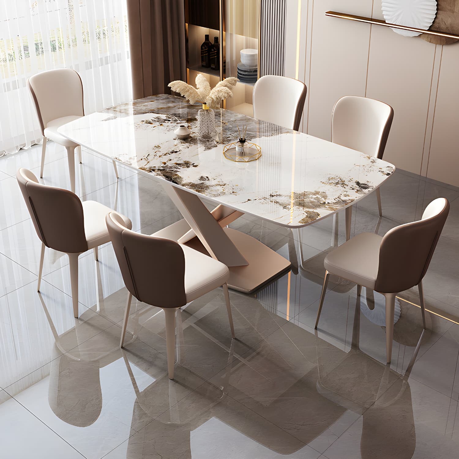 Modern Sintered Stone Top Dining Set Rectangle 1/2/5/7 Pieces Dinette Table Set in Gold thumbnail 3