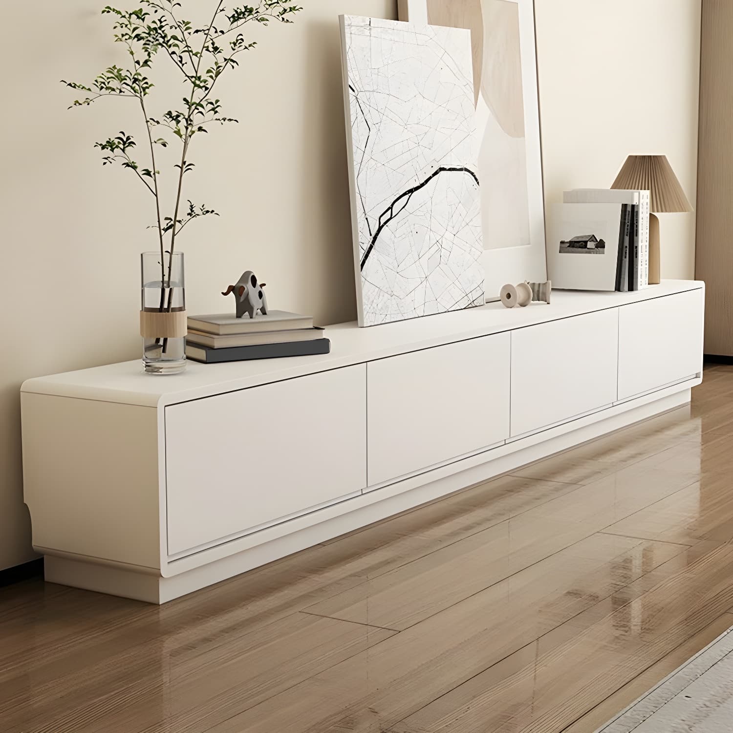 Modern Wood TV Stand with Drawers and Low Height, Featuring Cable Management thumbnail 5