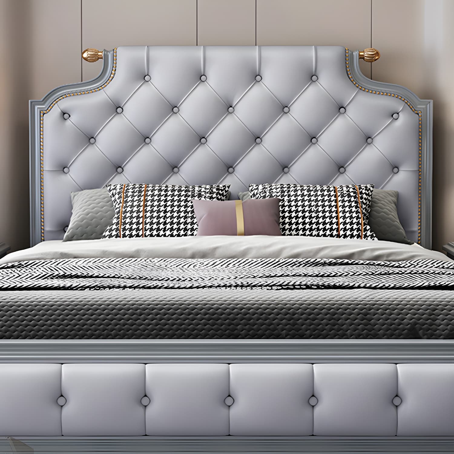 Tufted Upholstered Panel Bed with Nailhead Trim Victorian Solid Wood Bed Frame thumbnail 8