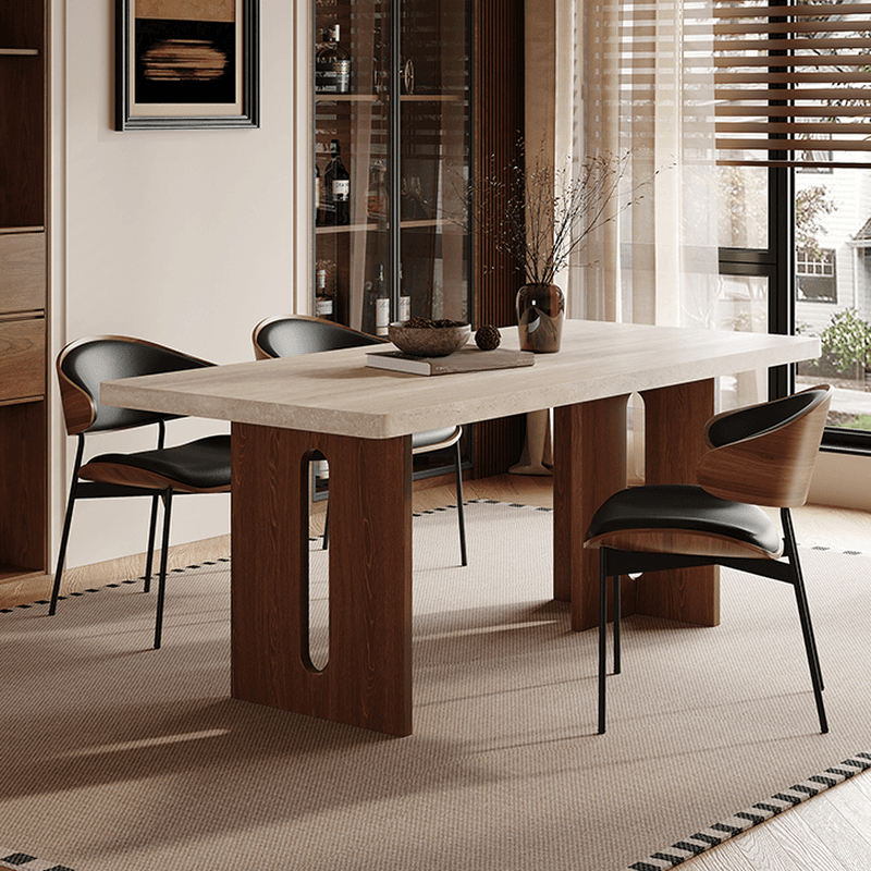Minimalist Rectangular Slate Stone Dining Table Set with Two-sided Pedestal in Ivory thumbnail 2