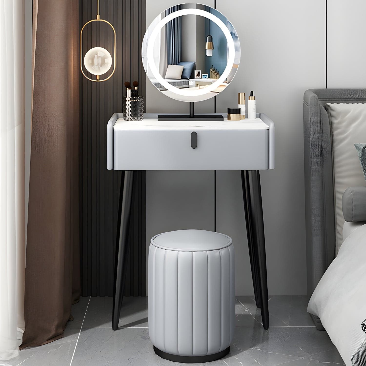 Contemporary Vanity Dressing Table Set with Mirror and Stool thumbnail 1