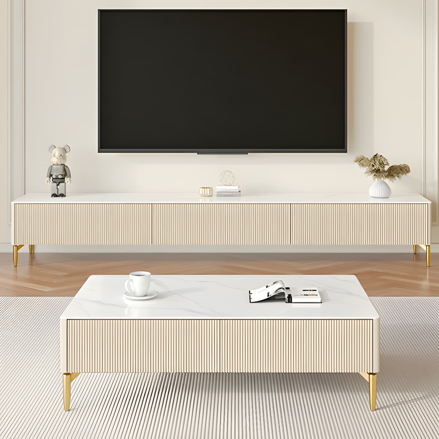 Modern Stone TV Stand with Drawers and Soft Close Glides featuring Cable Management thumbnail 3