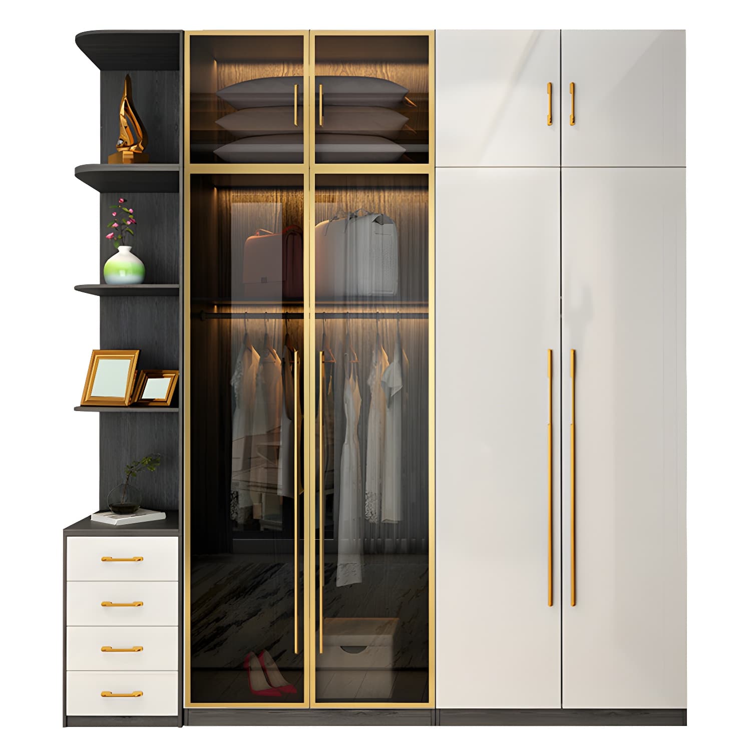 Modern Tempered Glass Doors Wardrobe Wood Frame Wardrobe without Light thumbnail 5