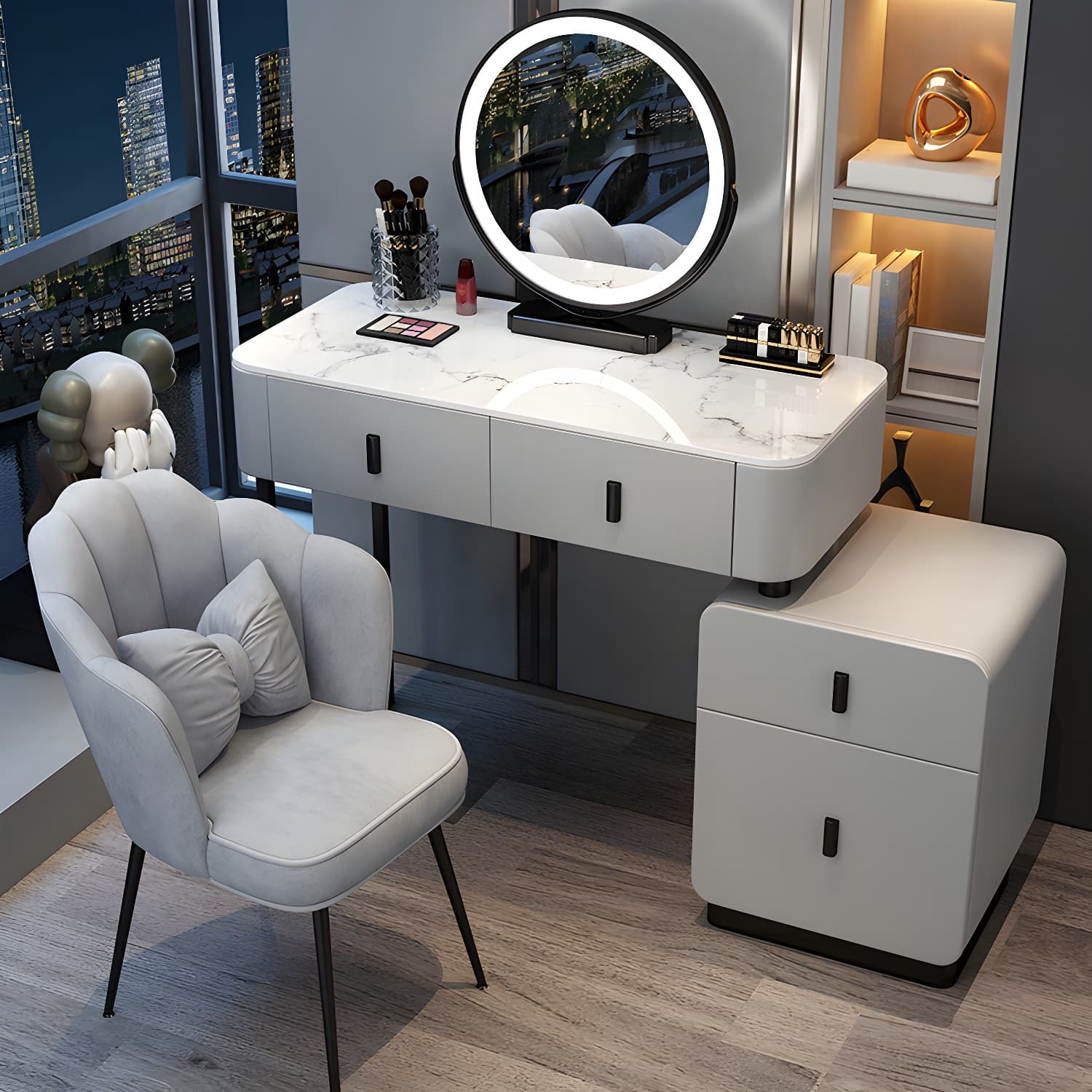 Wood Makeup Vanity Lighted Mirror Vanity Table and Stool Set thumbnail 5